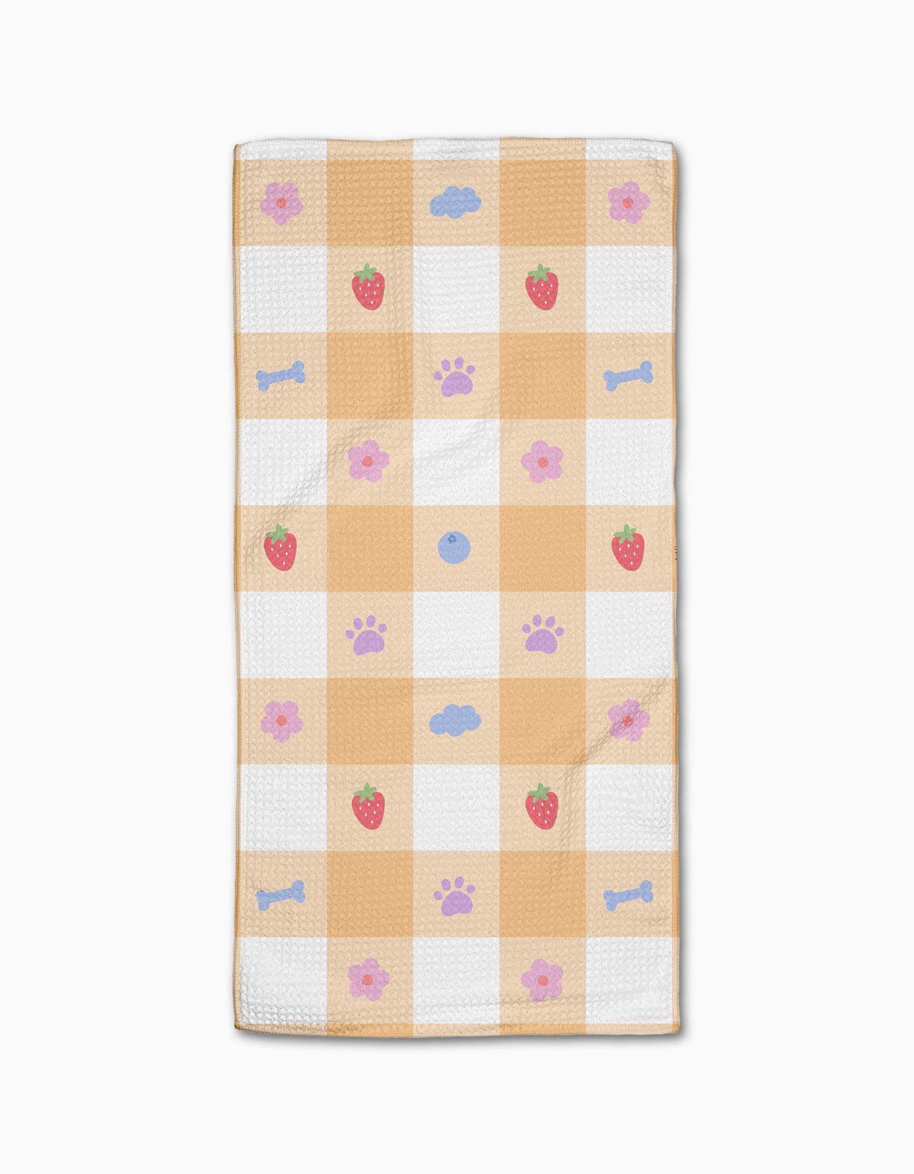 Summer Picnic Dreams by Letters By Shells is a rectangular bar towel with a yellow and white checkerboard pattern featuring strawberries, blue bones, purple paw prints, and blue clouds. Ultra-absorbent and eco-friendly, its made from recycled materials.