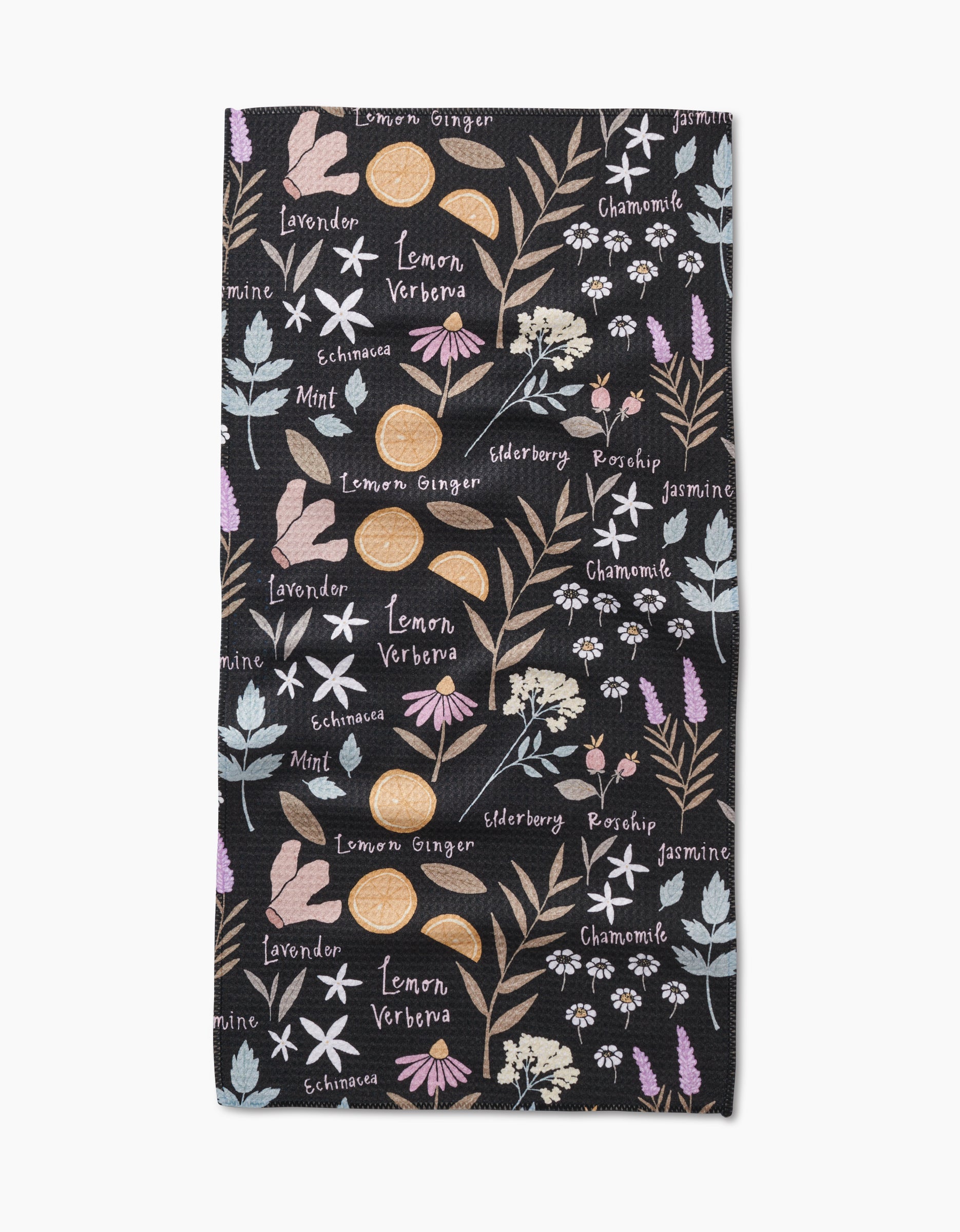 The Sweet Tea bar towel by Janna Sue Design is black, rectangular, made from recycled materials, and features pastel illustrations and names of lavender, lemon verbena, ginger, chamomile, mint, and echinacea.