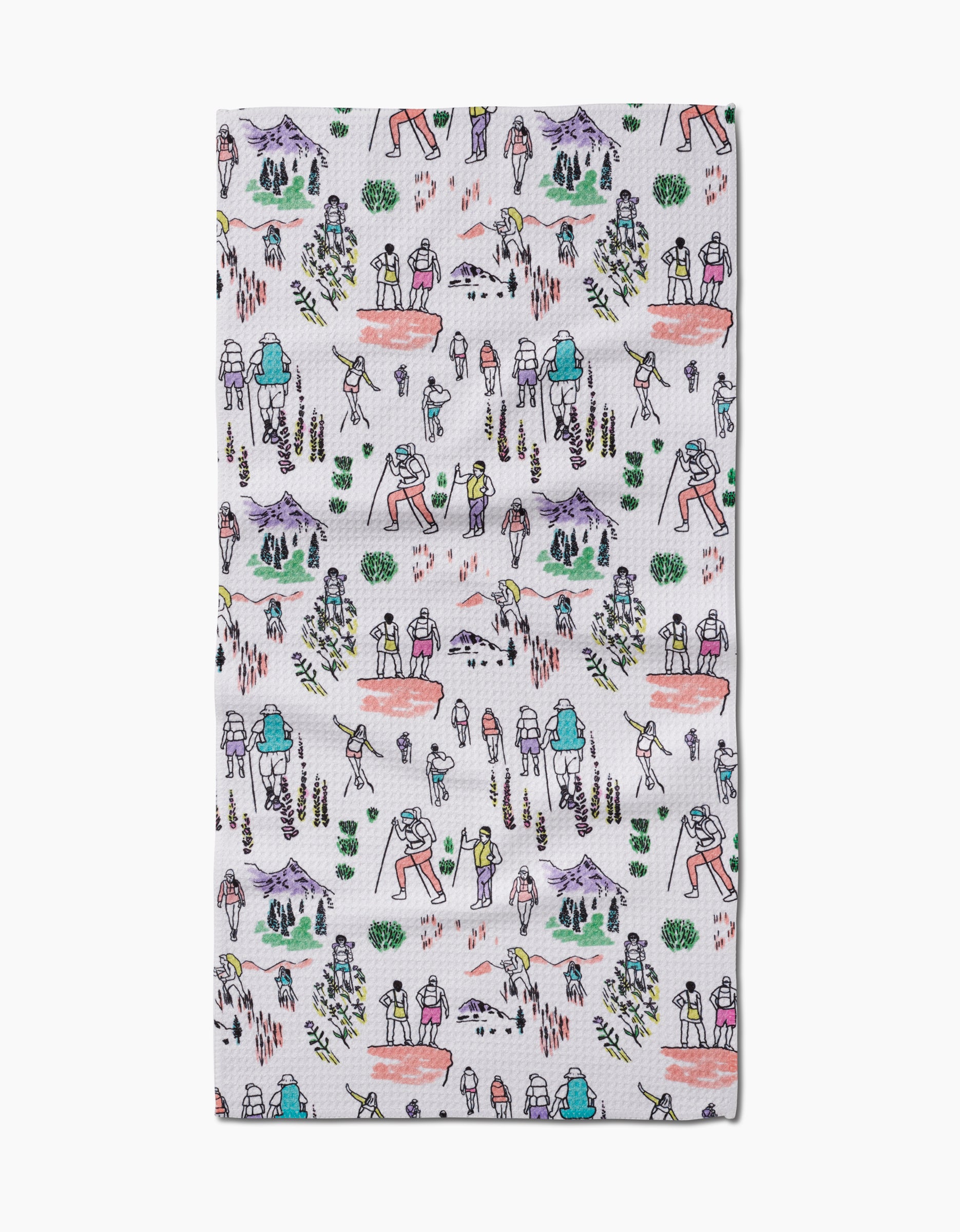 The Elisabeth Wing Take A Hike Bar Towel features a playful hand-drawn pattern of hikers, trees, mountains, and streams on ultra-absorbent Geoweave fabric.