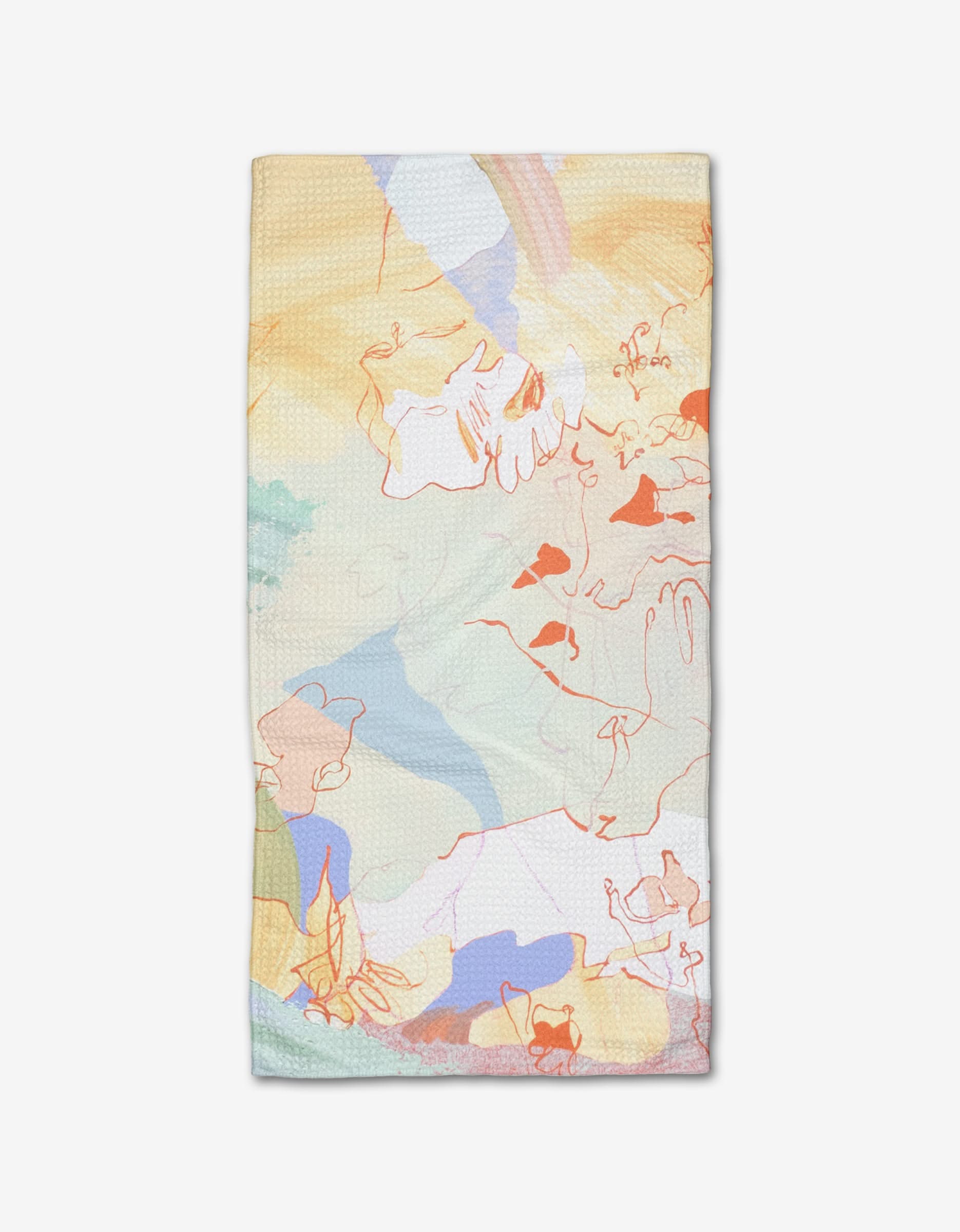 The Tree House bar towel by Kristina Baker features pastel abstract line drawings in orange, yellow, blue, and green on white, crafted from durable Geoweave fabric.