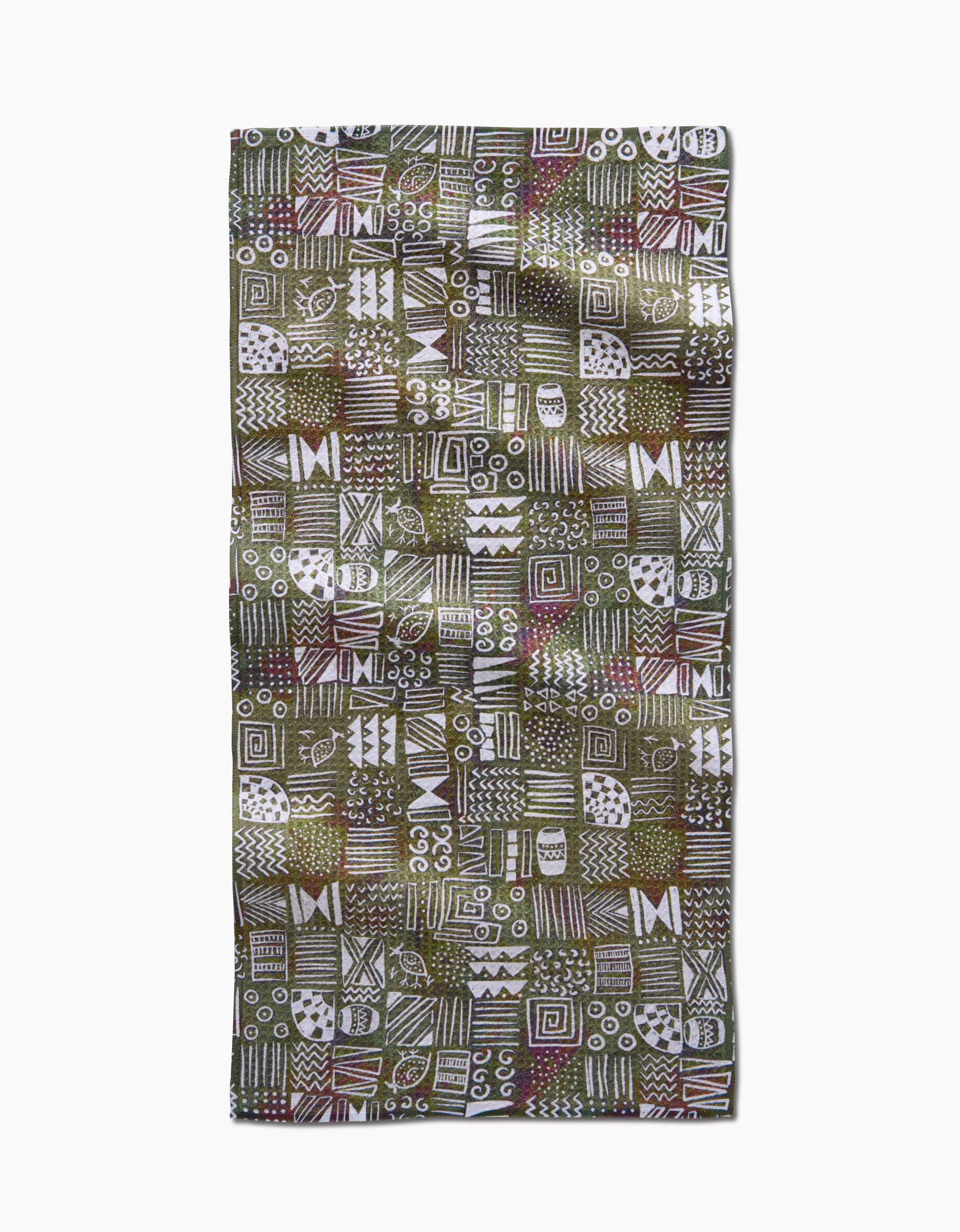 The Tribal Symbols bar towel by Taryn Brennan features eco-friendly Geoweave fabric with a green background and hand-drawn white, brown, and red geometric patterns arranged in a bold grid.