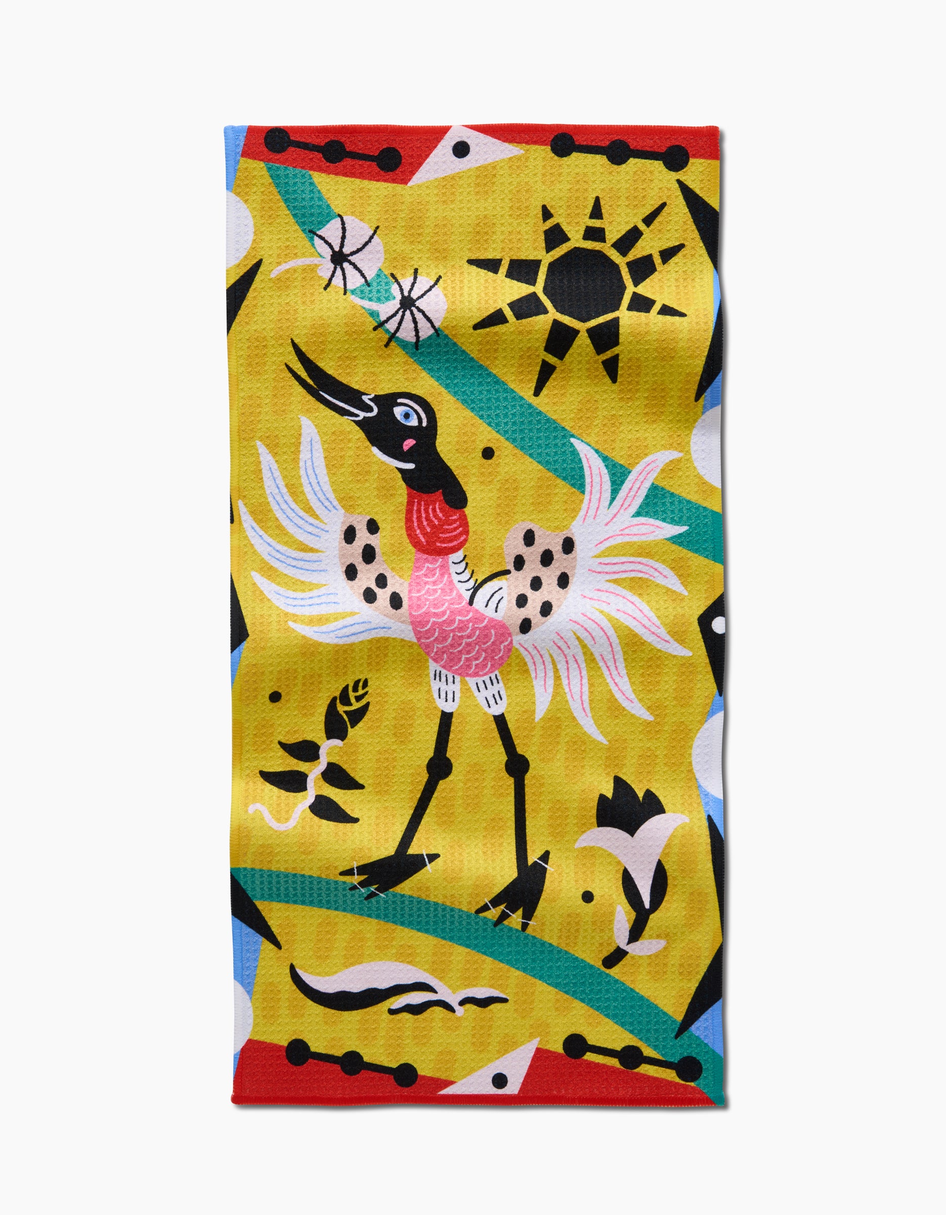 The Tuiuiú bar towel by Camila Leão is a vibrant rectangular Geoweave fabric towel featuring a stylized crane with spread wings, yellow background, abstract shapes, green curves, black sun, and floral and geometric designs. Ultra-absorbent and stylish.