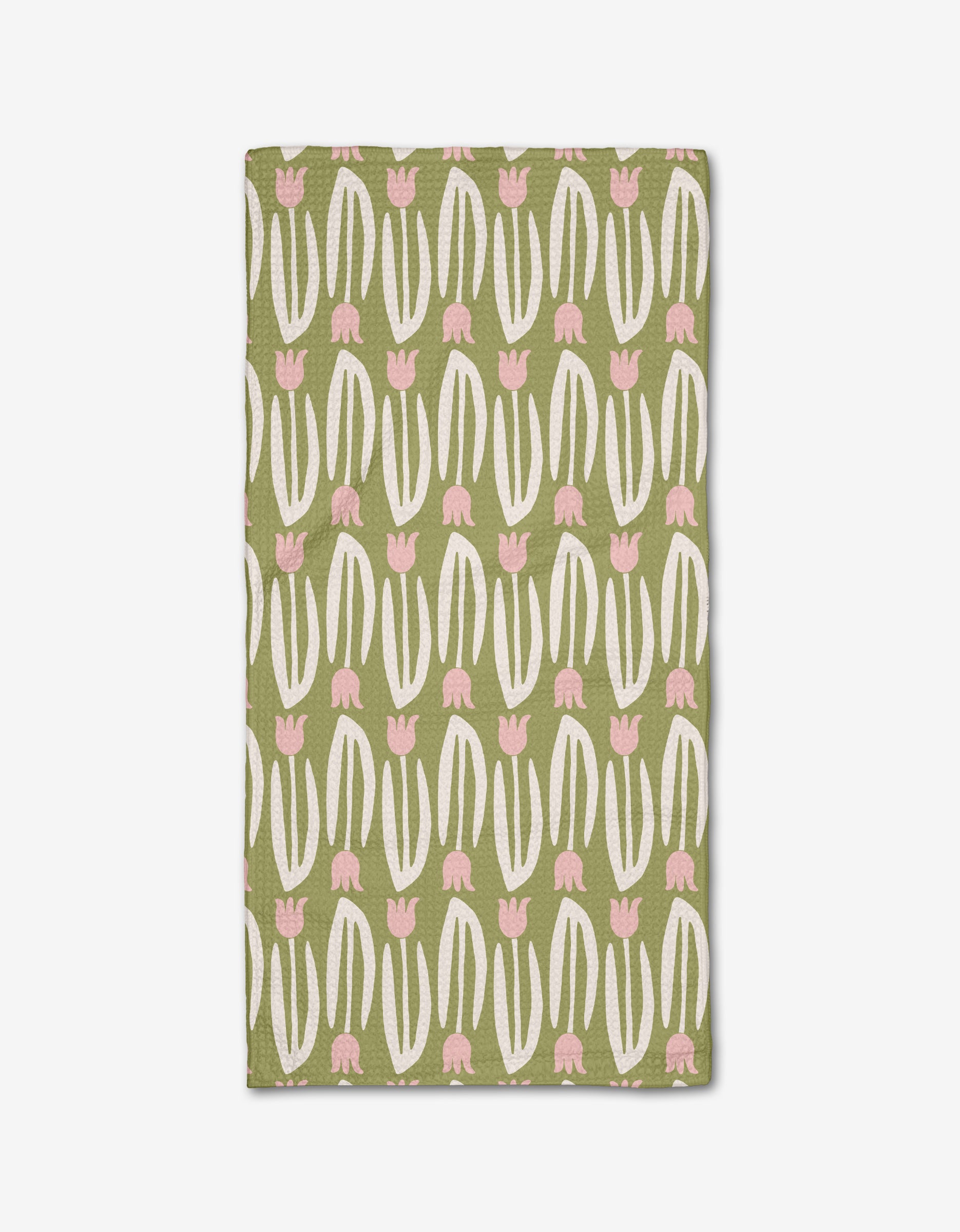 Kayla Anns Tulip Tango Bar Towel is rectangular, made from recycled materials, and features a playful modern pattern of white curved lines and pink tulip-like shapes in vertical rows on a solid green background.