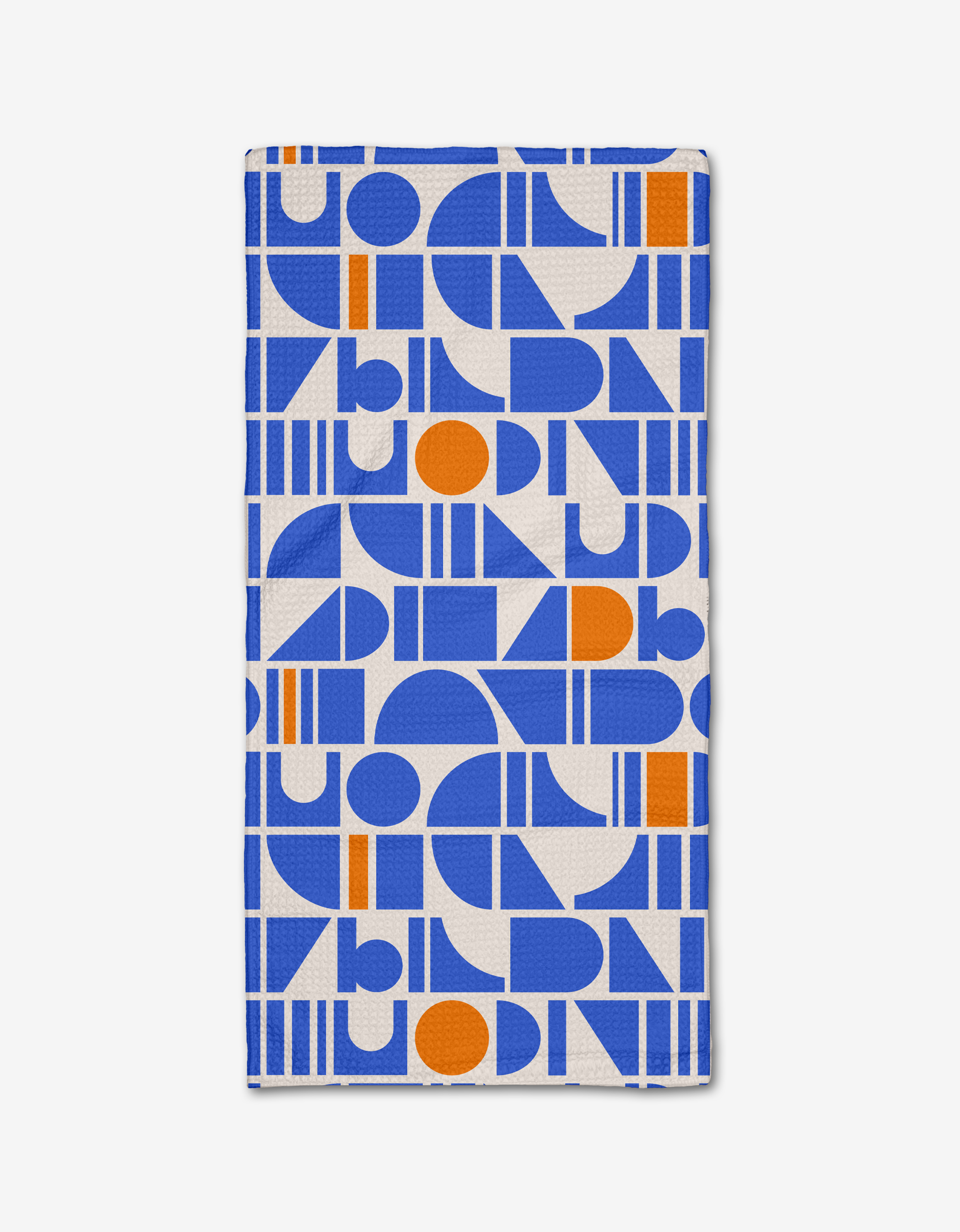 The Ultra Marine Harmony bar towel by Happy Hemera features bold blue and orange geometric shapes on a white background, crafted from durable Geoweave fabric.