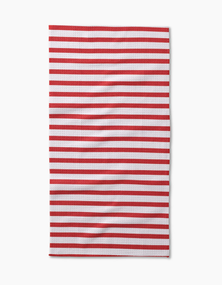 The Mindfulnice USA Stripes towel is a rectangular white bar towel with evenly spaced red stripes, shown flat on a white background. Made from durable Geoweave fabric for excellent absorbency and quick drying.