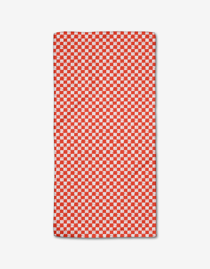 The Kayla Ann Valentines Day Gingham is a rectangular bar towel with a red and white checkerboard pattern of small squares, made from Geoweave fabric and shown flat on a white background.