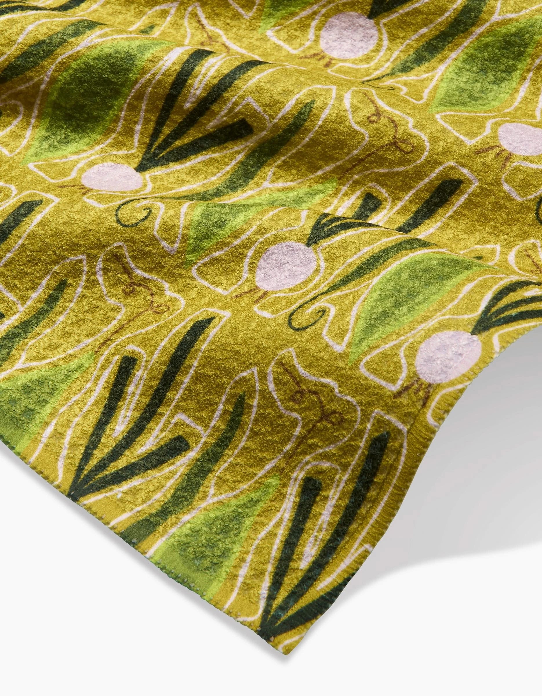 A close-up of Veg on Parade Geoweave fabric by Lizzie Clark shows an abstract pattern with green, white, and pink curved lines and circles—creating a modern design ideal for a stylish bar towel.