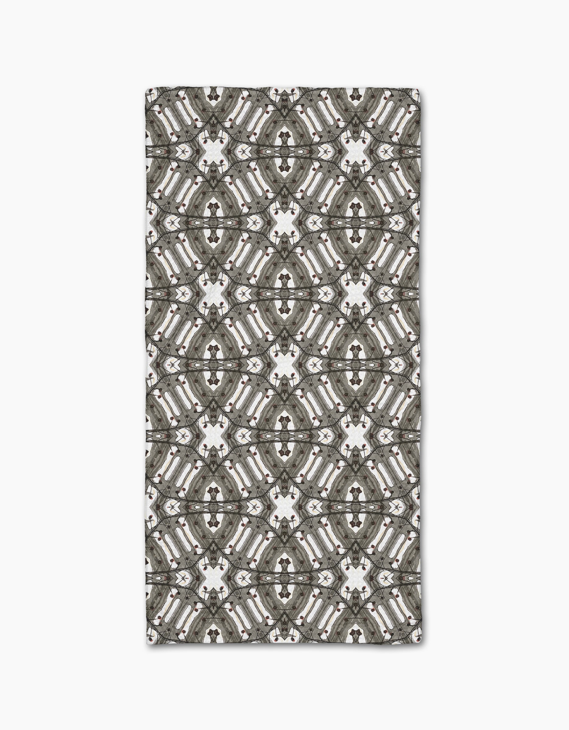 The Walk The Line Shimmy rug by Katherine Berkeley features repeating geometric diamond and circular patterns in gray, white, and black, covering the surface, and is crafted from recycled materials.