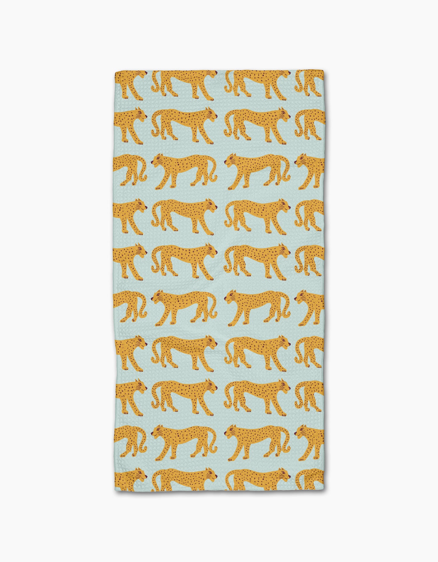 The Walking Cheetah bar towel by Jasmine Blooms Designs features a light blue rectangle with rows of orange, black-spotted cheetahs and is made from ultra-absorbent recycled materials for style and sustainability.