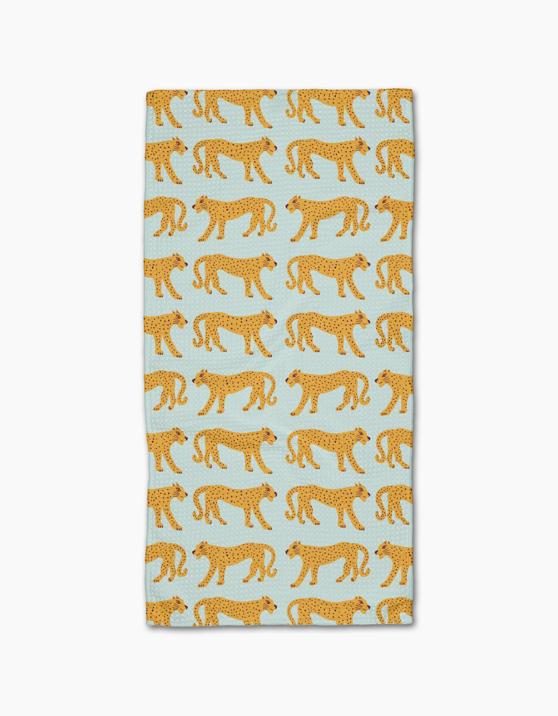 The Walking Cheetah bar towel by Jasmine Blooms Designs features a light blue rectangle with rows of orange, black-spotted cheetahs and is made from ultra-absorbent recycled materials for style and sustainability.