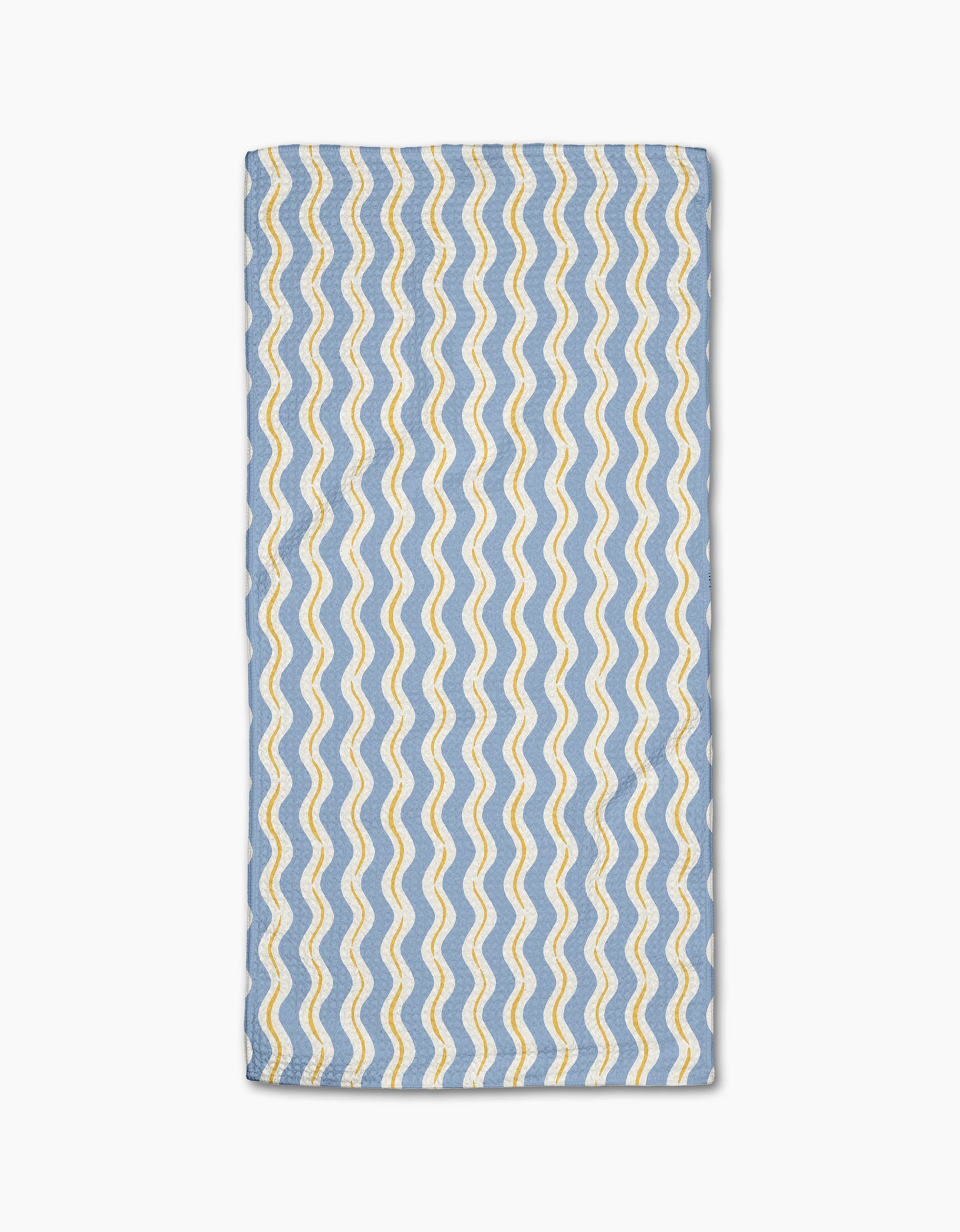The Wave Ripple Stripes bar towel by Hufton Studio features a rectangular blue Geoweave fabric with wavy yellow and white parallel lines in a repeating pattern, neatly folded and displayed on a white background.