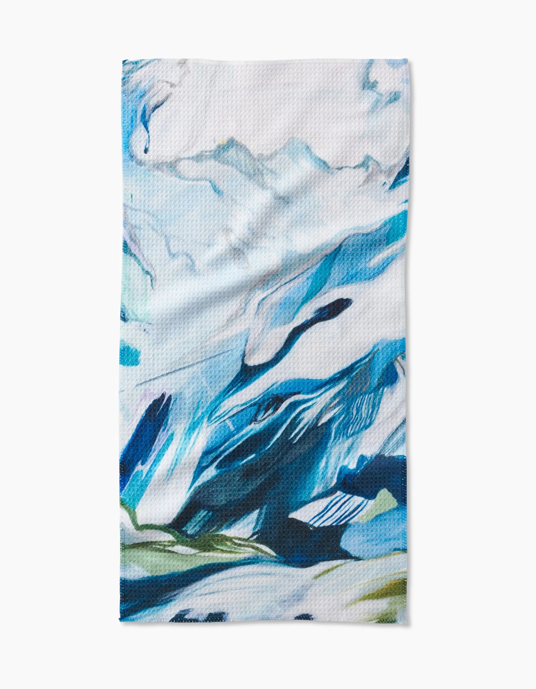 The Where He Laid To Go bar towel by Kelly Peters features blue, teal, green, and white brushstroke patterns resembling mountains or waves on Geoweave fabric, shown flat on a white background.
