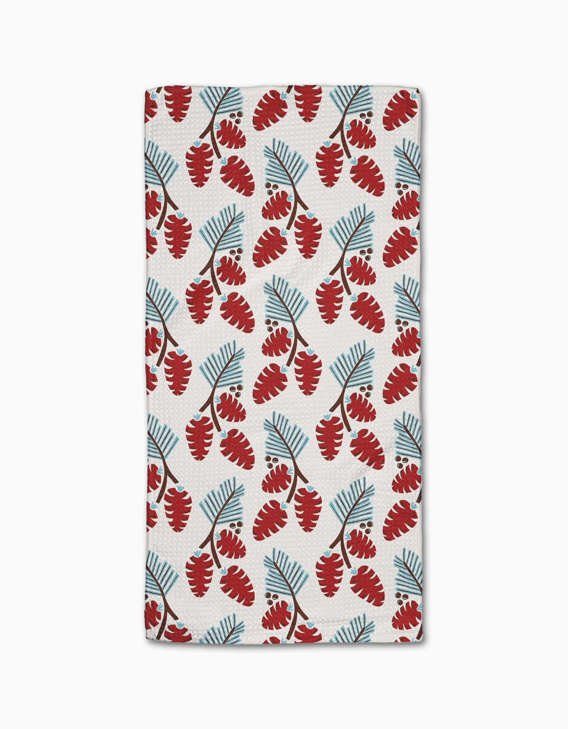 Winter Forage by Lizzie Clark is a rectangular, ultra-absorbent towel with a repeating pattern of red leaves and blue palm fronds set against a white background.