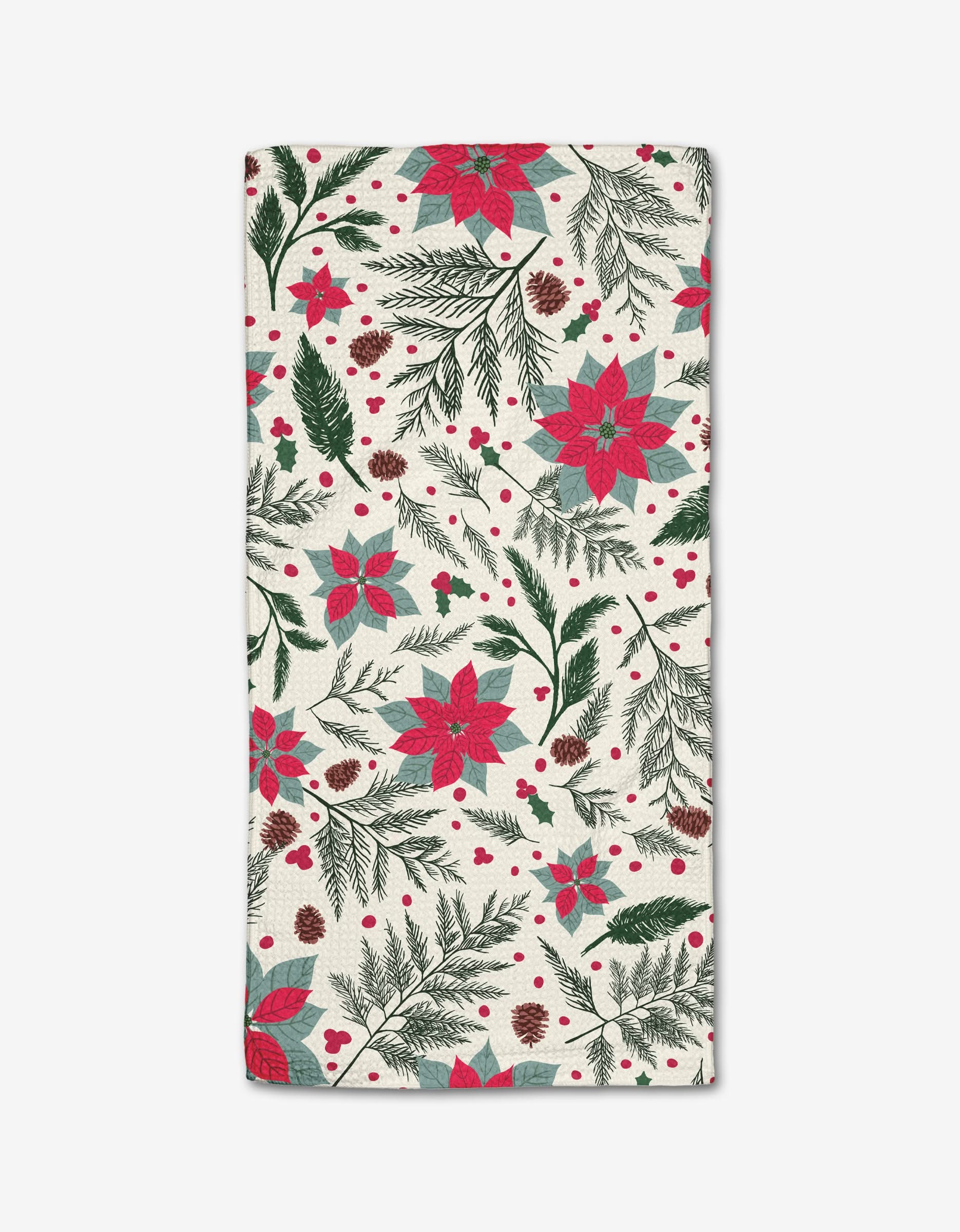 The Rebecca Bobko Woodland Poinsettia Bar Towel showcases red poinsettias, pine branches, pinecones, and holly on a light backdrop, crafted from absorbent Geoweave fabric for durability.