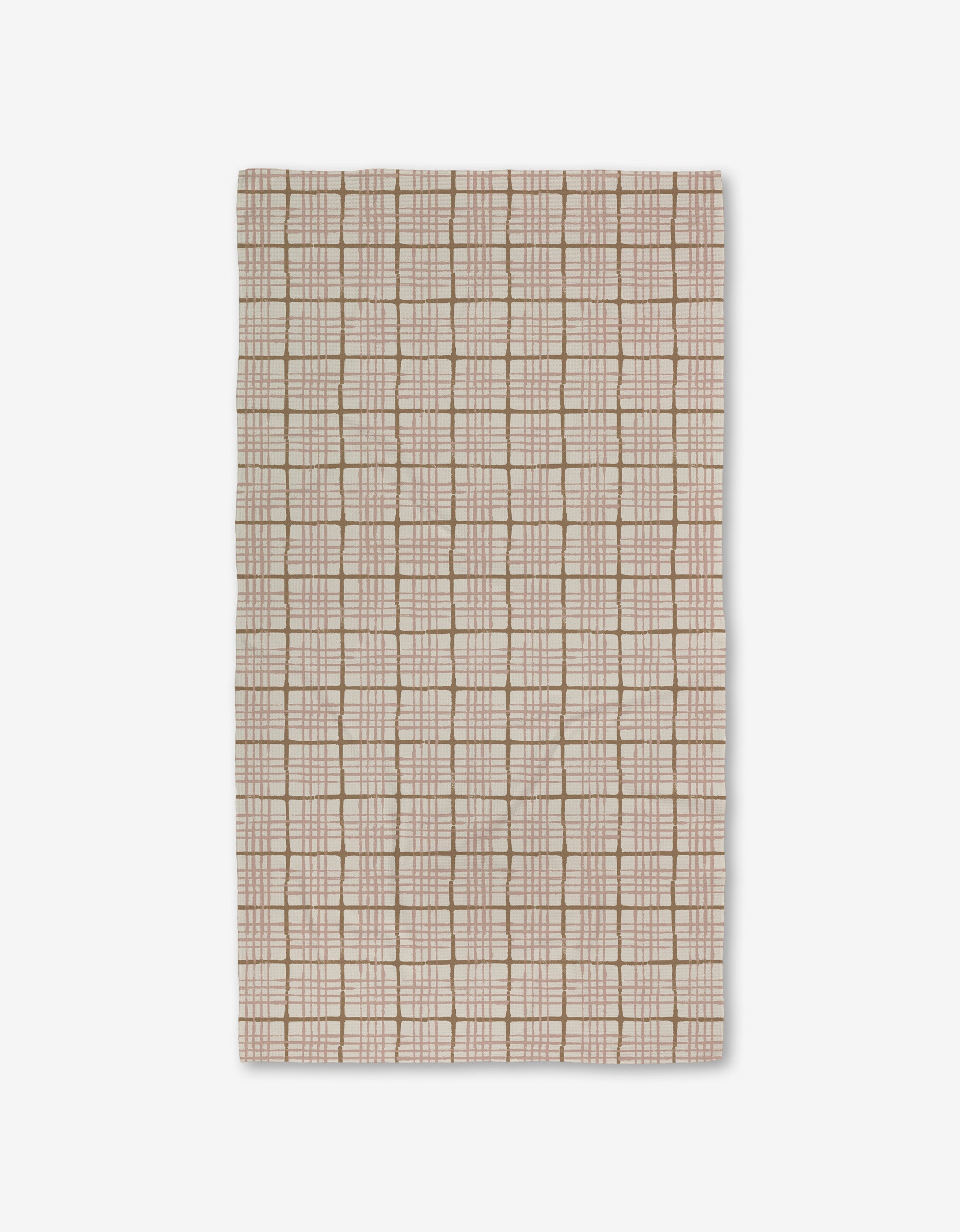 The Crossover by Studio Jeannot is a rectangular beige textile featuring a grid of light brown and white lines with small square and rectangular accents. Made with Geoweave technology, it offers a soft, textured, and highly durable surface.