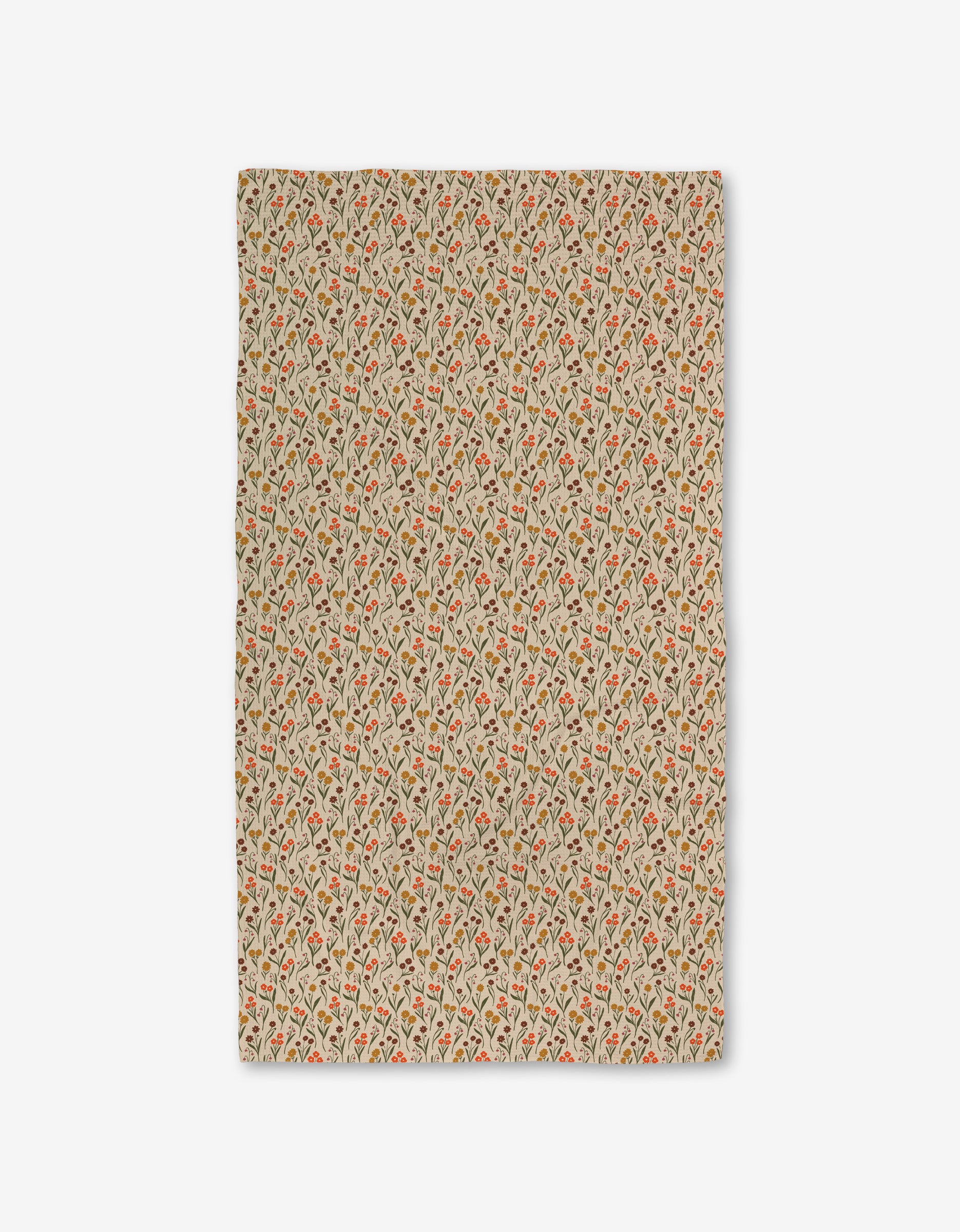 Fall Blossom by Kayla Ann is a rectangular fabric made from recycled materials with a beige background and a small, repeating floral pattern in red, green, and orange. Slightly uneven edges add unique charm to this decorative piece.