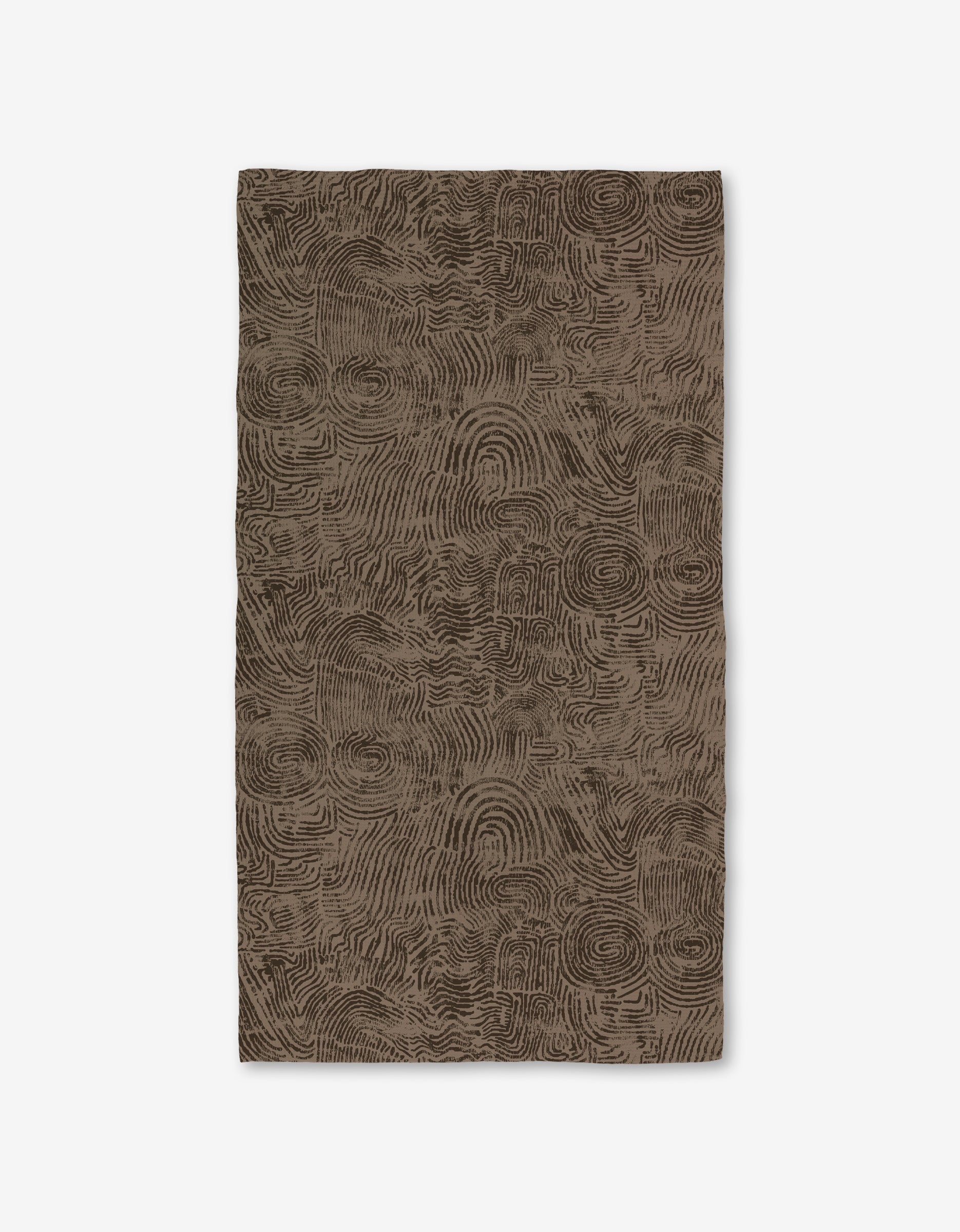 The Imprint rug by Studio Jeannot is a rectangular brown rug featuring an abstract, textured pattern of swirling lines on a white background, crafted with ultra-absorbent Geoweave technology for enhanced comfort.