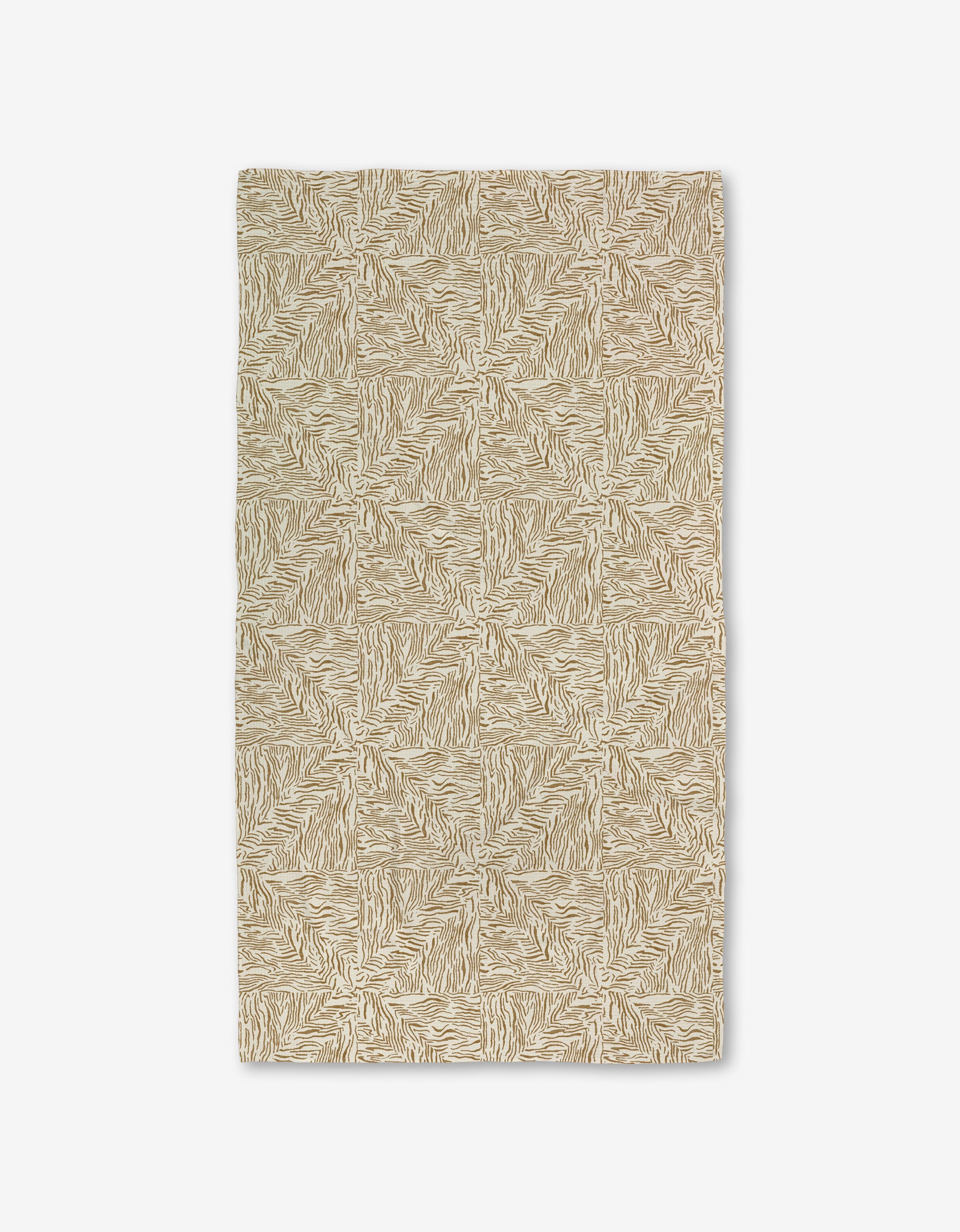 The Studio Jeannot Inlay rug is rectangular and beige with a repeating abstract geometric pattern. Made with Geoweave technology for added durability, it has a textured look and is shown flat on a white background.