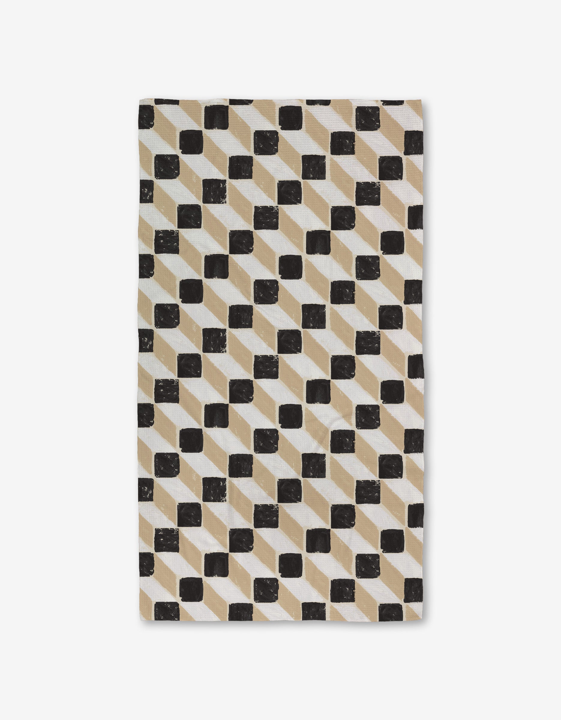 The Studio Jeannot Tessera Luxe Bath Towel features a geometric pattern of black squares and diagonal beige lines on white, crafted with Geoweave technology for ultra-absorbency.