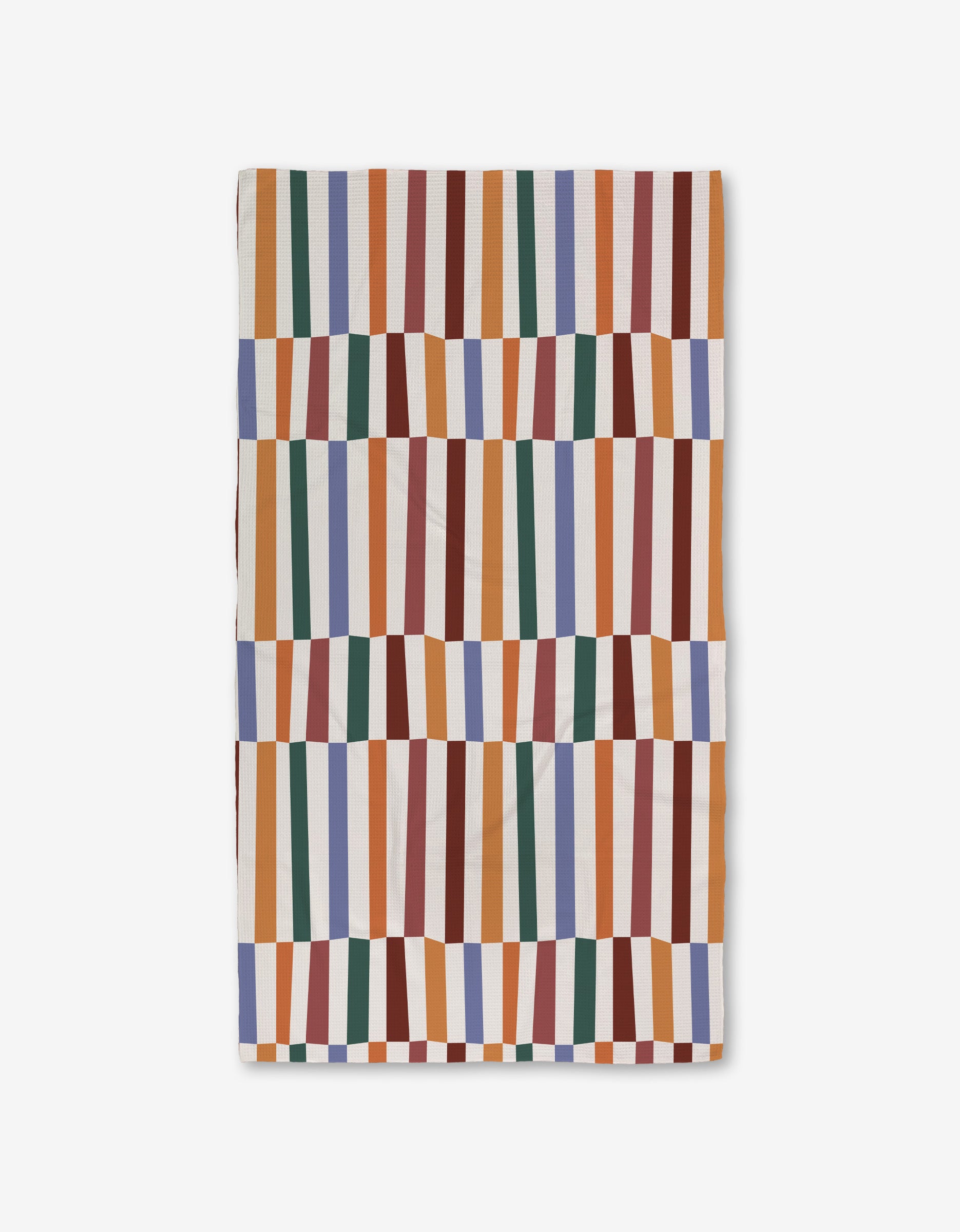 The Claire Iglesias Wonky Stripes textile showcases vertical orange, green, blue, red, and mustard stripes with a wavy geometric pattern on white, crafted with ultra-absorbent Geoweave technology for superior performance.