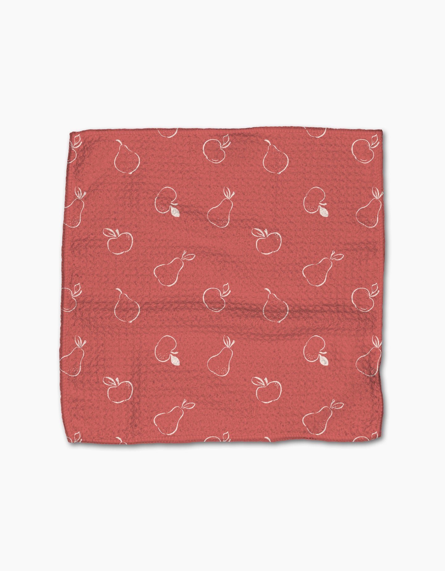 The Linda Fox “Apples and Pears” is a textured, square red cloth made from recycled materials, featuring an outlined apple and pear pattern scattered across its surface.