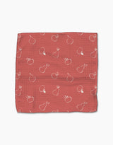 The Linda Fox “Apples and Pears” is a textured, square red cloth made from recycled materials, featuring an outlined apple and pear pattern scattered across its surface.