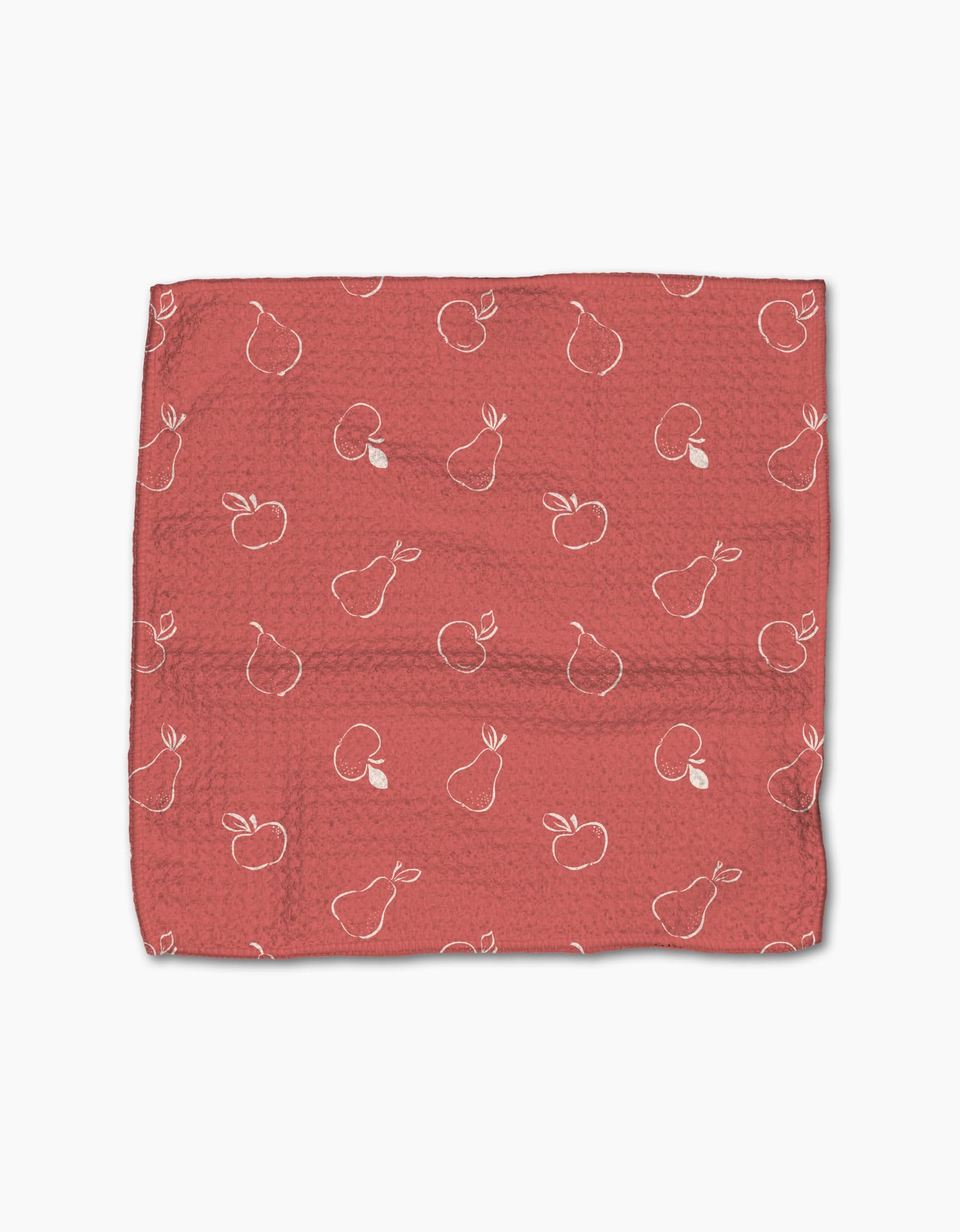 The Linda Fox “Apples and Pears” is a textured, square red cloth made from recycled materials, featuring an outlined apple and pear pattern scattered across its surface.