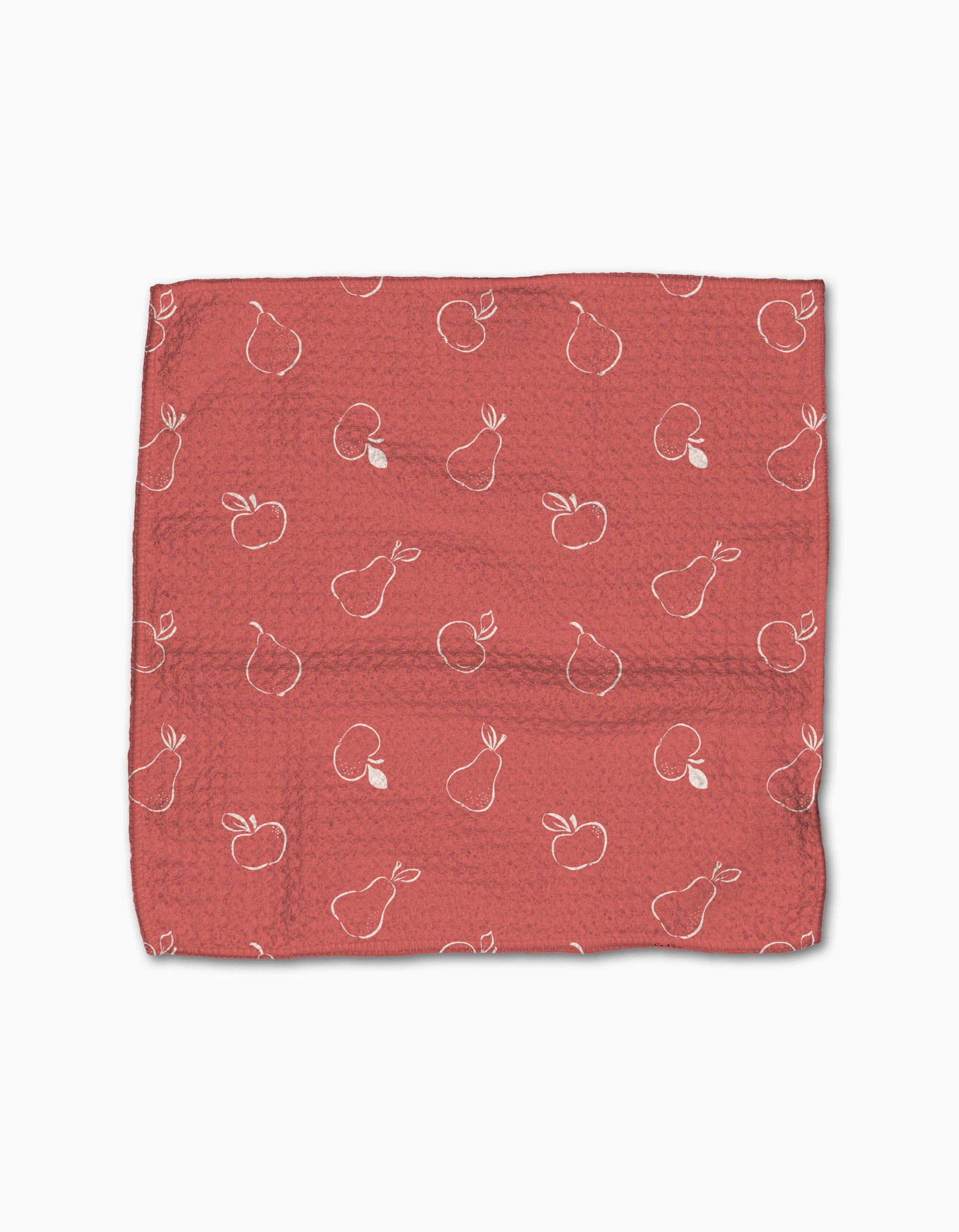 The Linda Fox “Apples and Pears” is a textured, square red cloth made from recycled materials, featuring an outlined apple and pear pattern scattered across its surface.