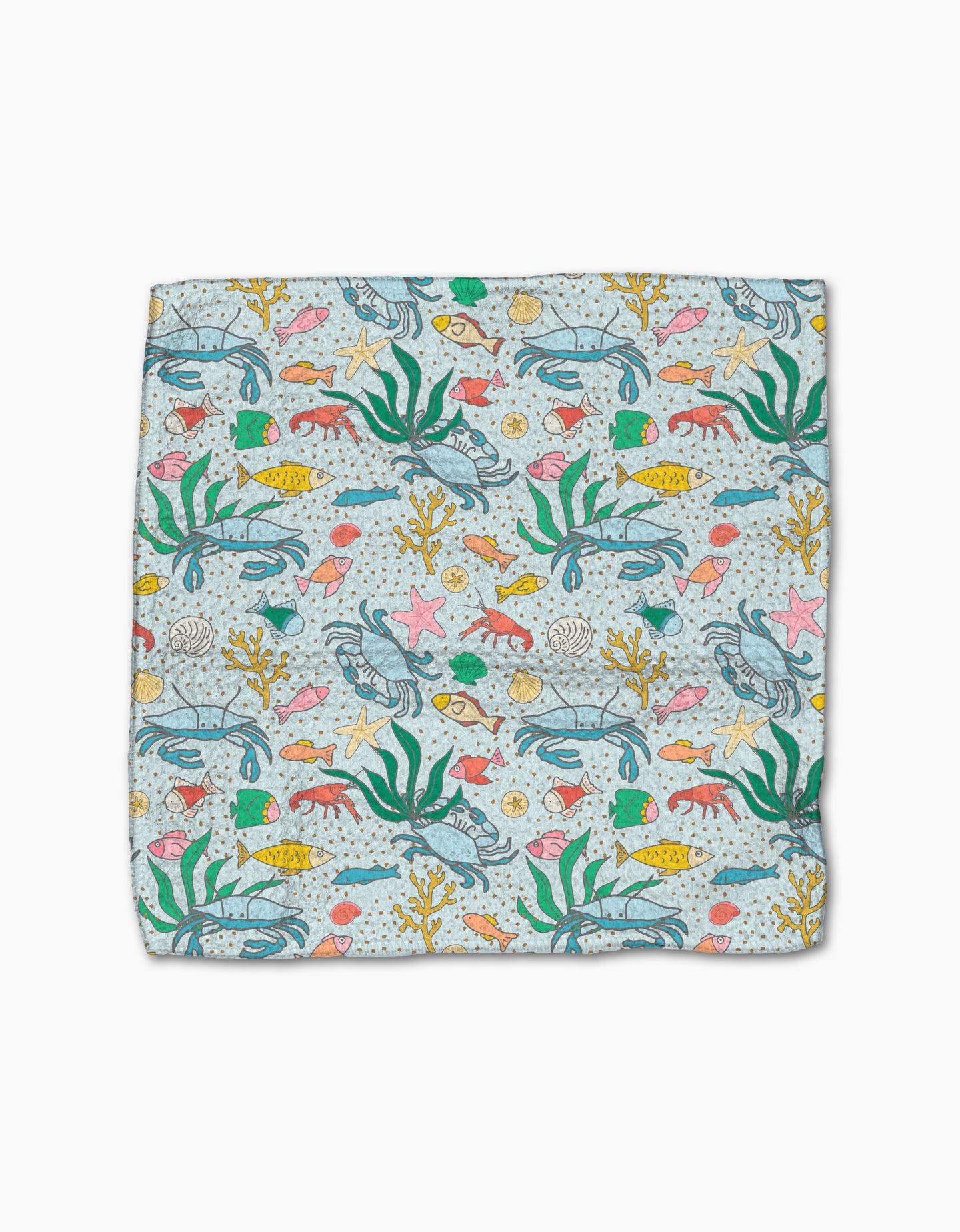 The Mindfulnice Beneath the Waves dishcloth set features a vibrant underwater pattern of fish, seaweed, starfish, shells, and coral on light blue. Made from recycled materials for an eco-friendly clean.