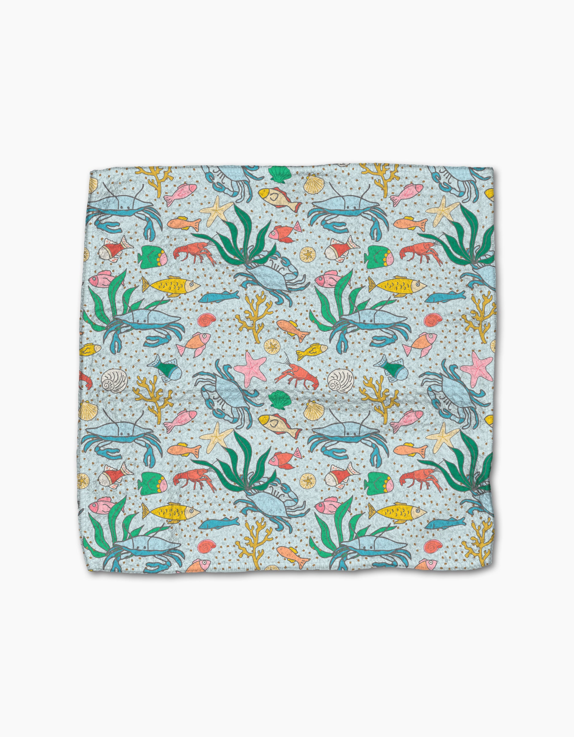 The Mindfulnice Beneath the Waves dishcloth set features a vibrant underwater pattern of fish, seaweed, starfish, shells, and coral on light blue. Made from recycled materials for an eco-friendly clean.