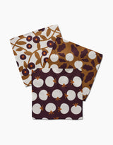 Three square pieces from the Lizzie Clark Bold Fall dishcloth set showcase brown and white patterns: top left with leaves and berries, top right with an abstract design, and bottom with a repeating apple motif.