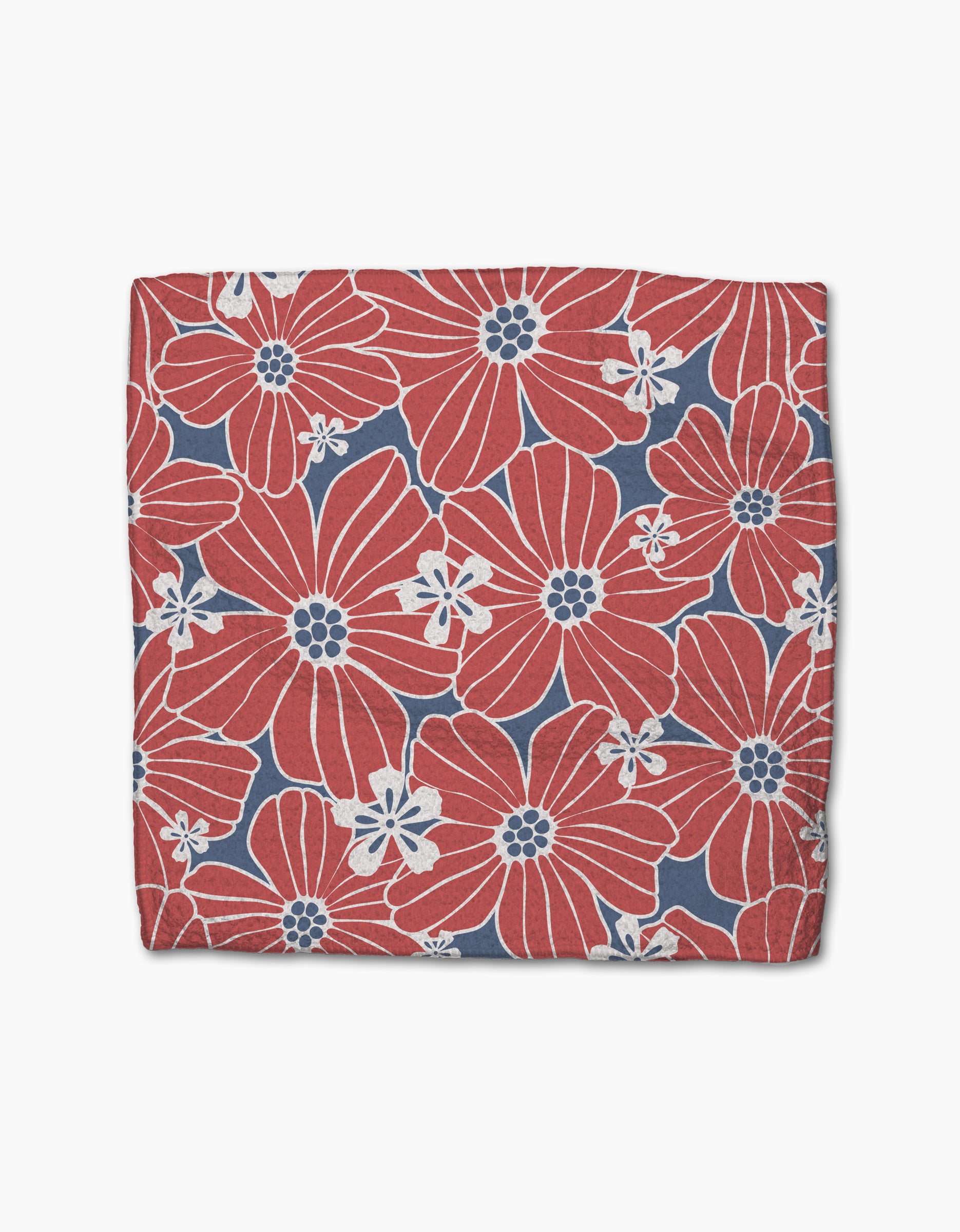 The Ashley Celena Botanical Blush square dishcloth set features large red flowers with white accents on a blue background, scattered with small white blooms, and is crafted from recycled materials for eco-friendly style.