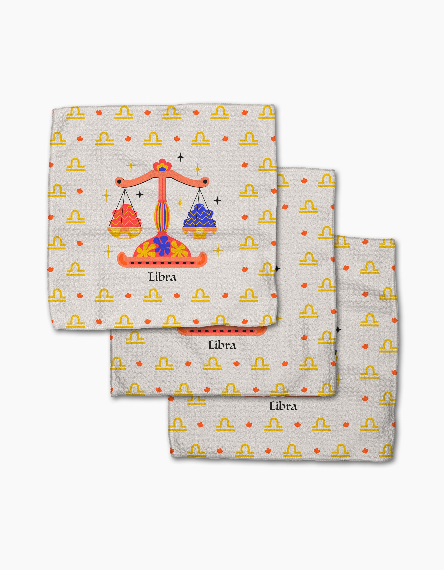 Heather Zhou’s Charming Libra set includes three white recycled dishcloths featuring vibrant Libra scales, playful yellow Libra symbols, red hearts, and "Libra" details—stylish and super-absorbent for your kitchen.