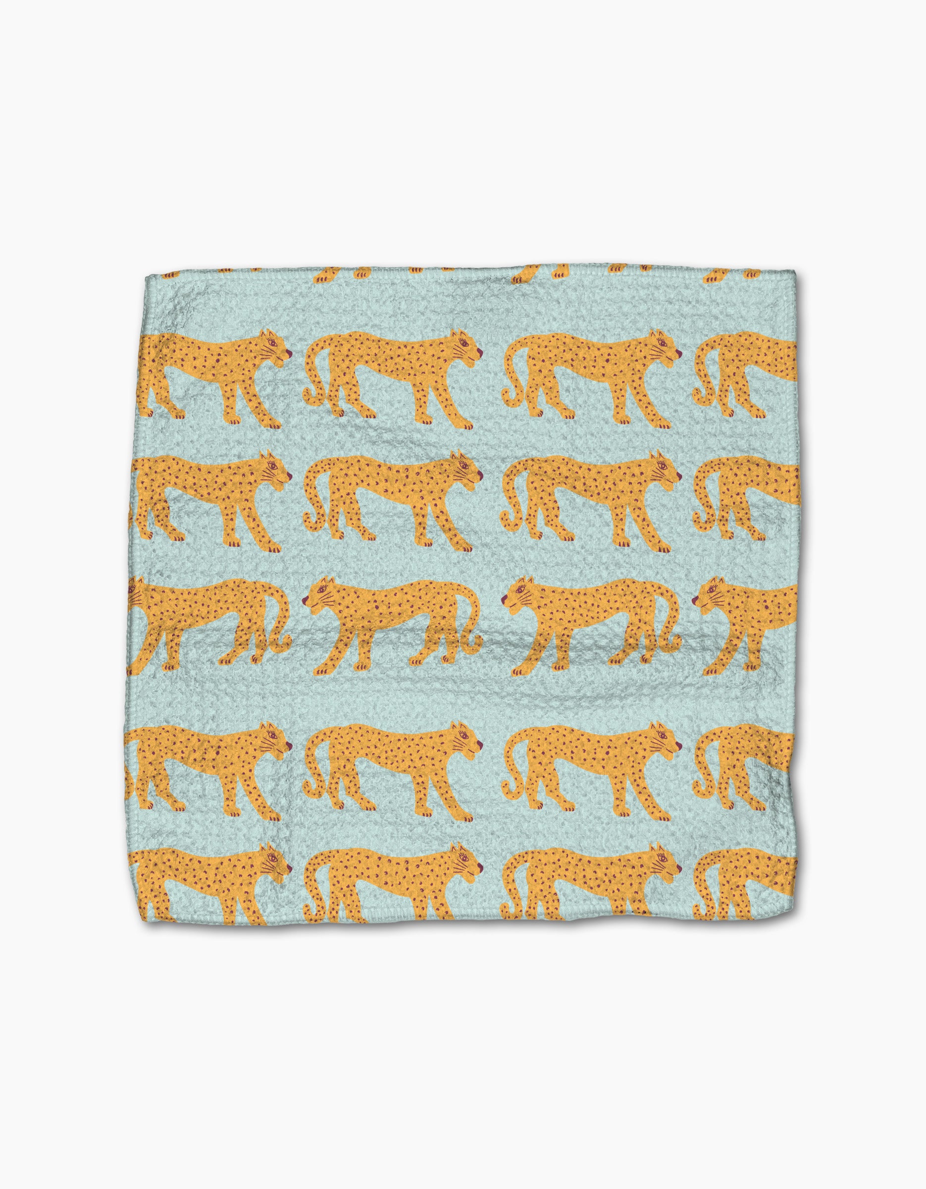 The Cheetah Haven dishcloth set by Jasmine Blooms Designs features light blue fabric with standing cheetahs in orange and black. Made from recycled materials, these super-absorbent towels bring style to any kitchen.
