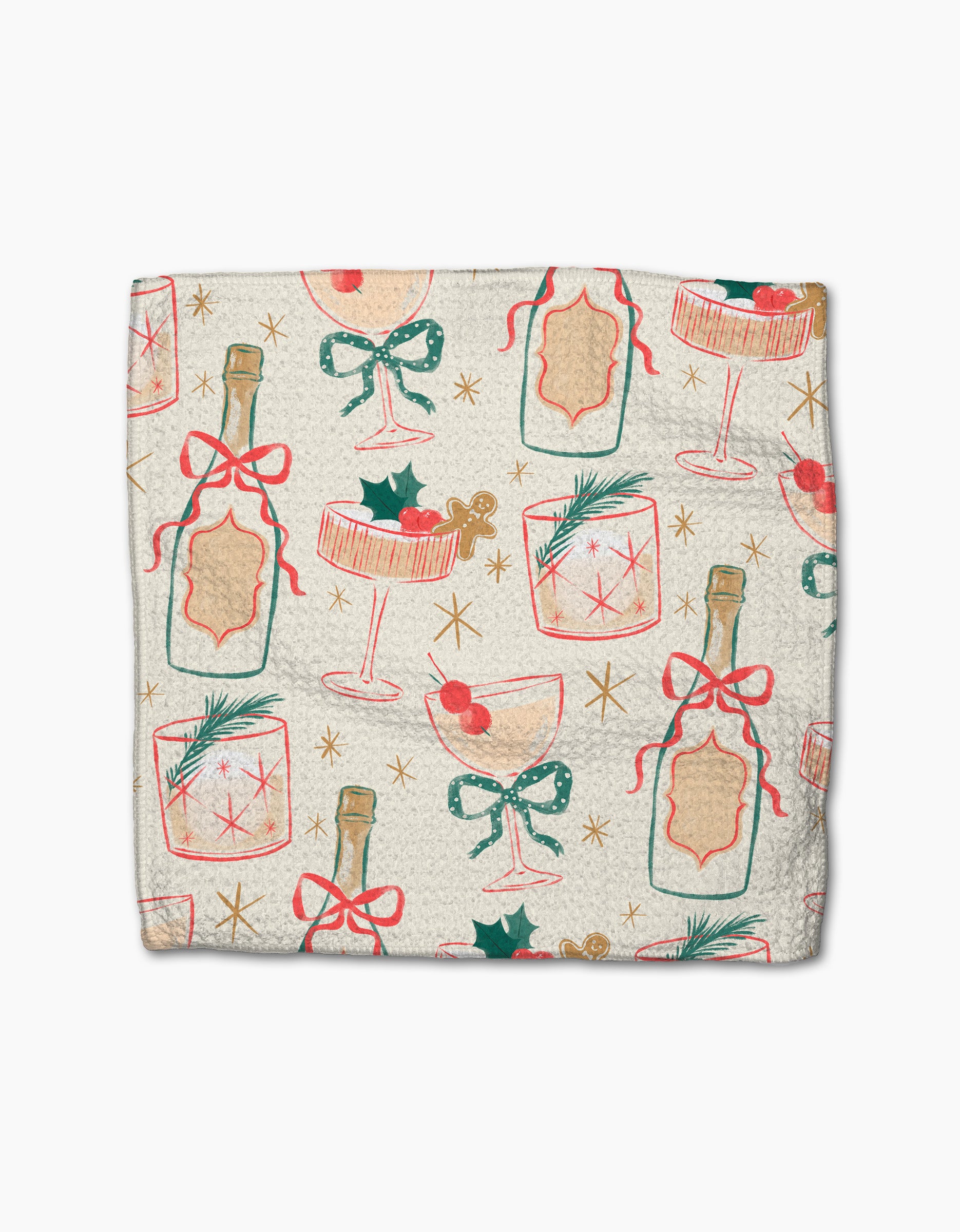 The “Christmas Cocktails” napkin by Louise Pretzel showcases champagne bottles with bows, cocktail glasses, holly, and stars in festive red, green, and gold—perfect for pairing with absorbent kitchen towels for your holiday entertaining.