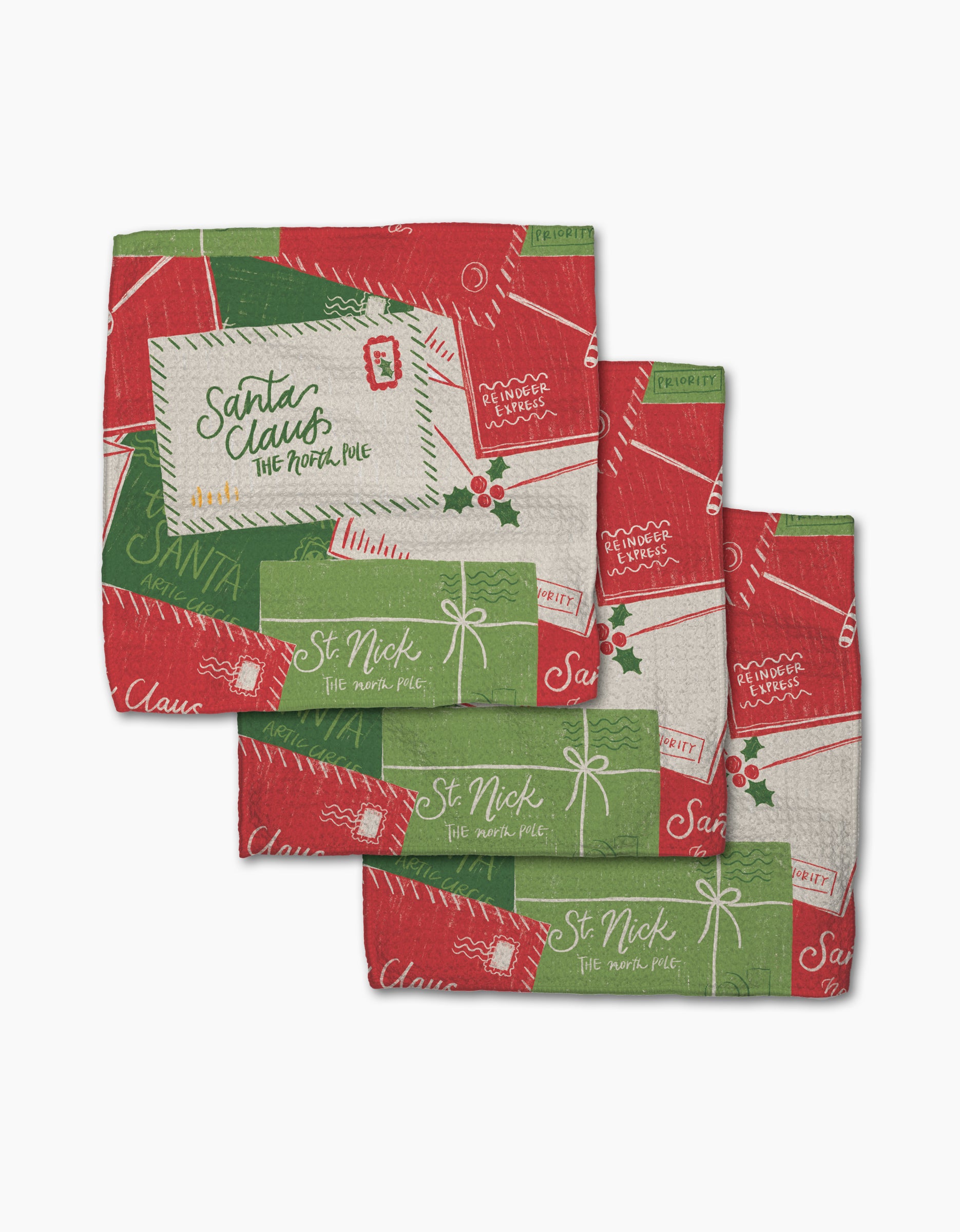 The Aubrey Fairchild Christmas Letter Pile dishcloth set features super-absorbent cloths with red, green, and white holiday designs like Santa letters, holly, and festive stitching—perfect for brightening your kitchen.