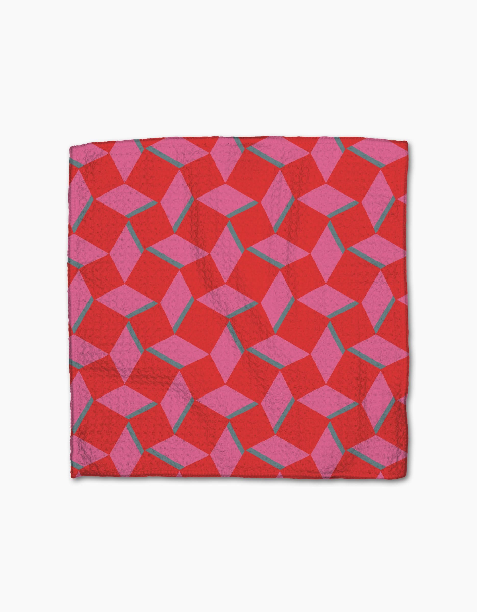 The Circus Stand napkin by Geometry is made from Geoweave fabric and features a geometric pattern in pink and purple with interlocking shapes and thin teal lines on a bright red background.