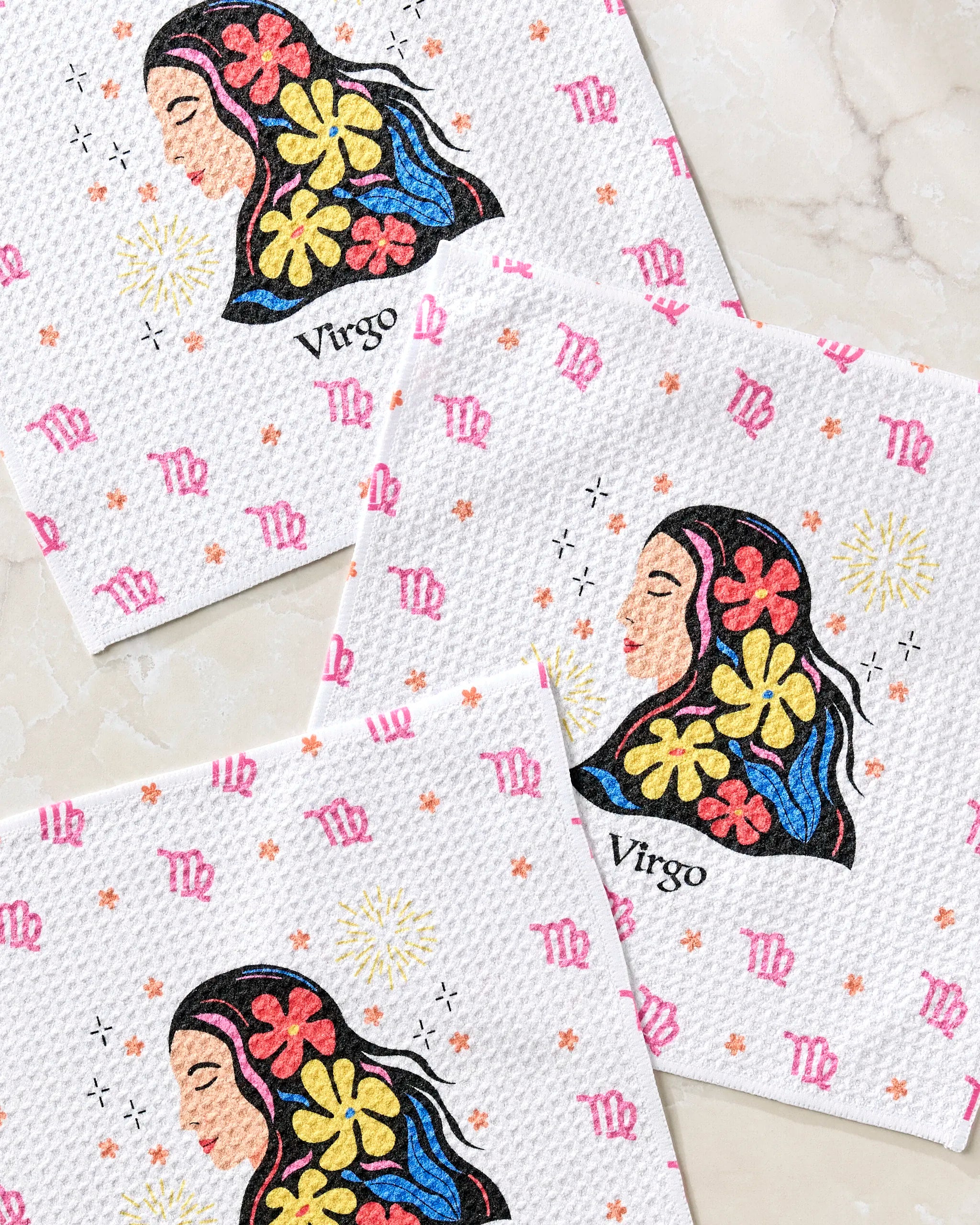 The Clever Virgo paper napkins by Heather Zhou feature a vibrant woman’s profile with flowers, the word “Virgo,” and pink zodiac symbols on a white background—an ideal complement to your favorite dishcloth set.