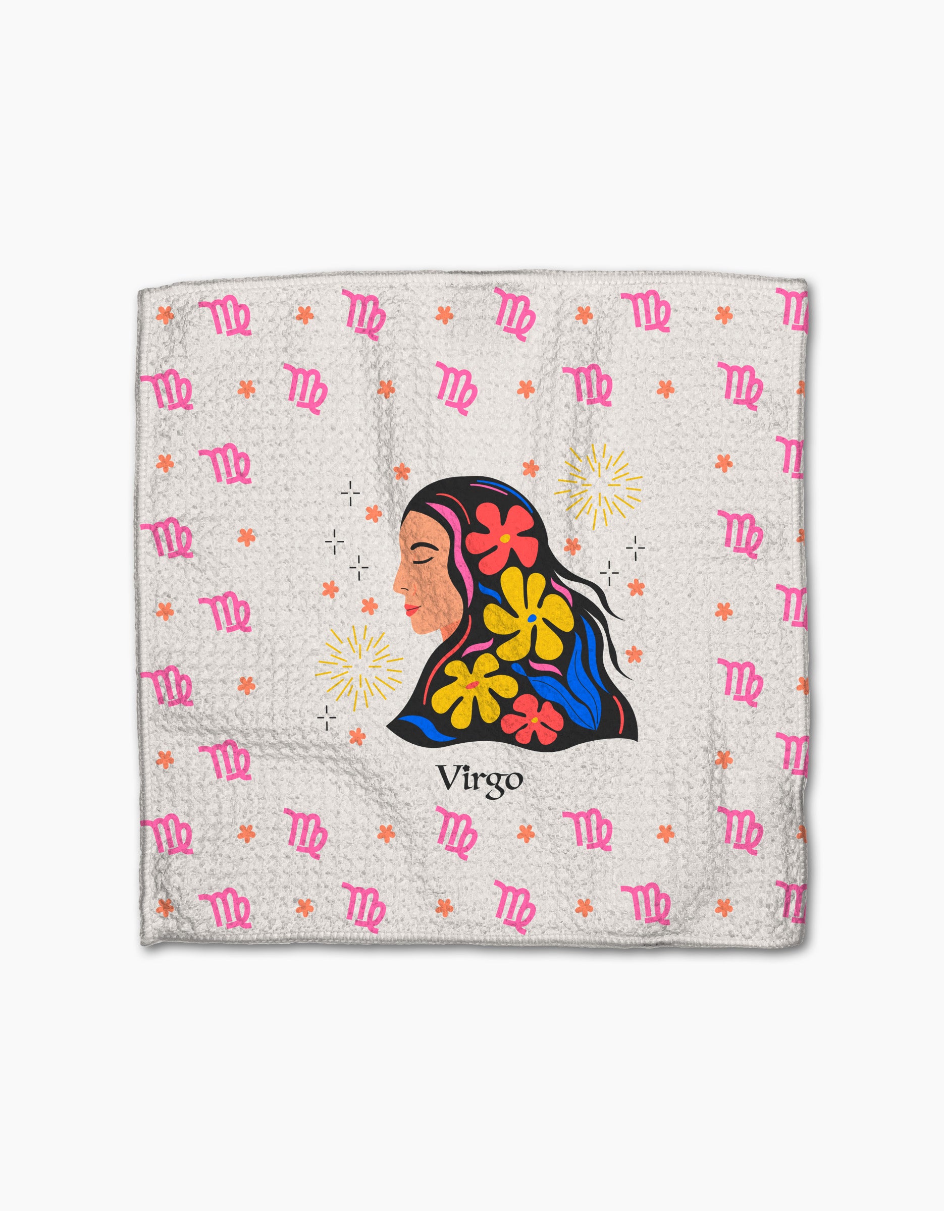 The Clever Virgo kitchen towel by Heather Zhou features a colorful woman's profile with flowers in her hair, "Virgo" below, and a pink Virgo zodiac symbol pattern on white. Made from recycled materials.