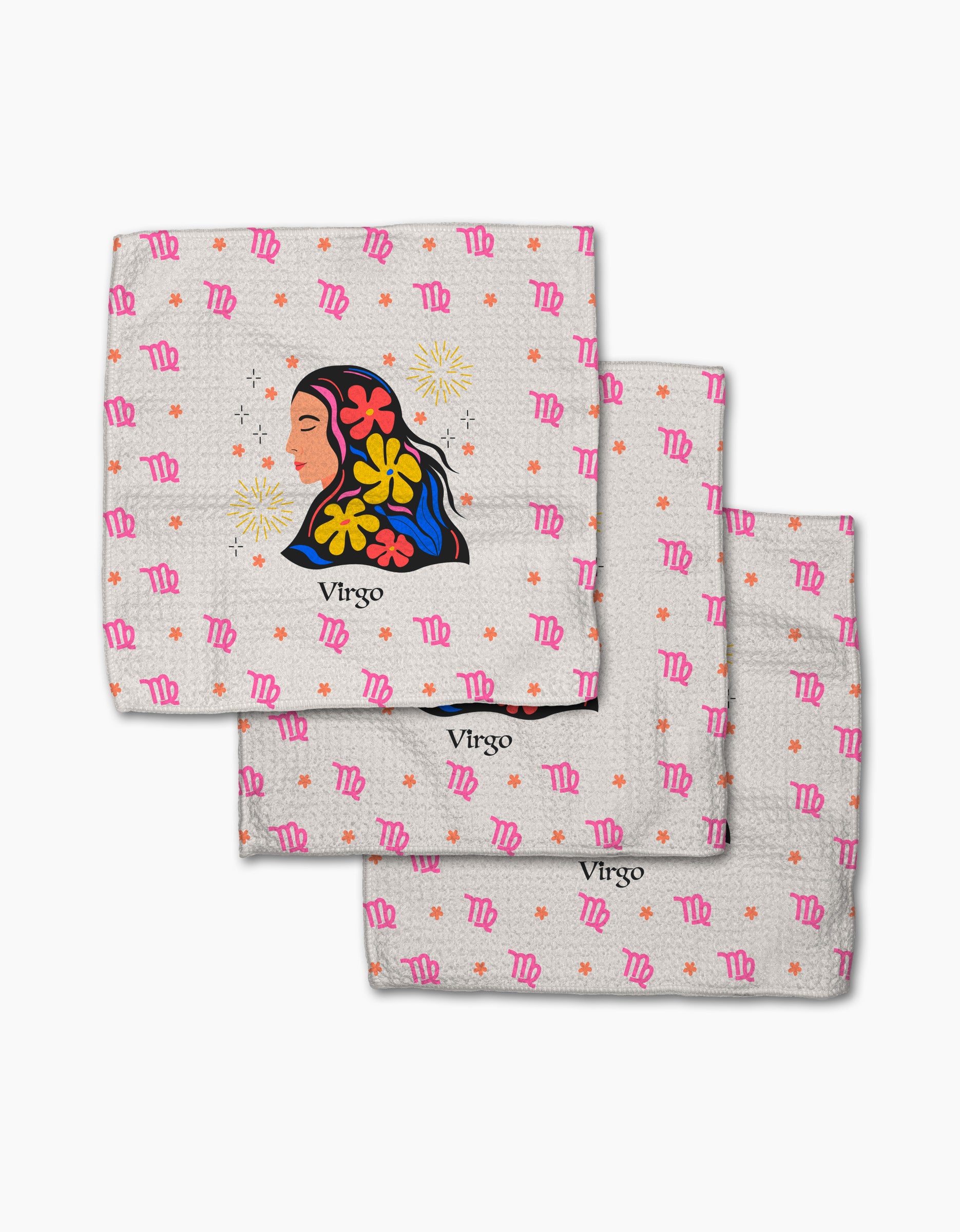 The Clever Virgo dishcloth set by Heather Zhou features three textured cloths made from recycled materials, each decorated with a stylized woman's face, delicate flowers, and pink Virgo symbols and stars on a light background.
