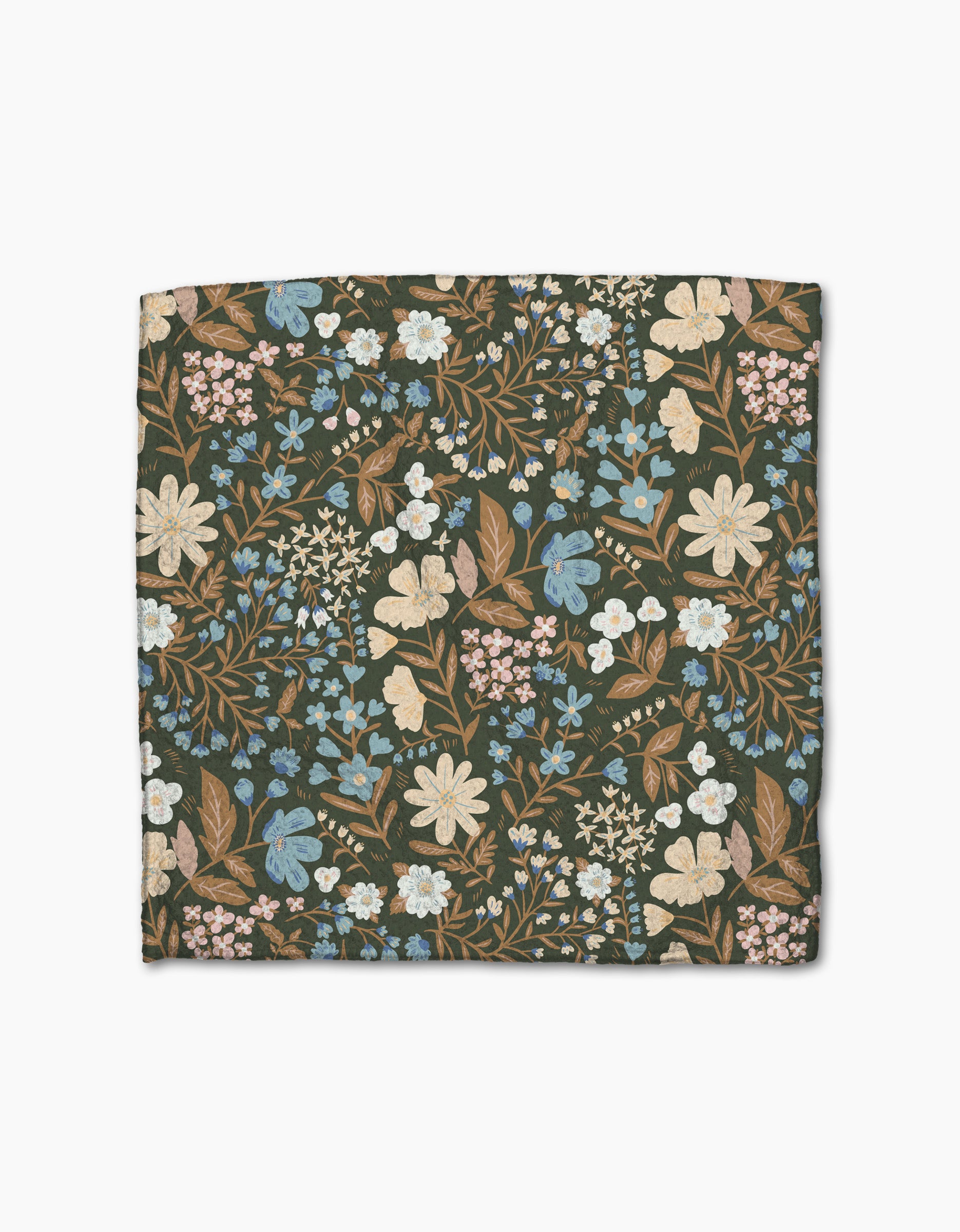 The Danelys Sidron Cottage Meadow Sepia dishcloth features a dense floral pattern with cream, blue, and rust flowers plus green leaves on a dark background, crafted from durable Geoweave fabric for superior performance.