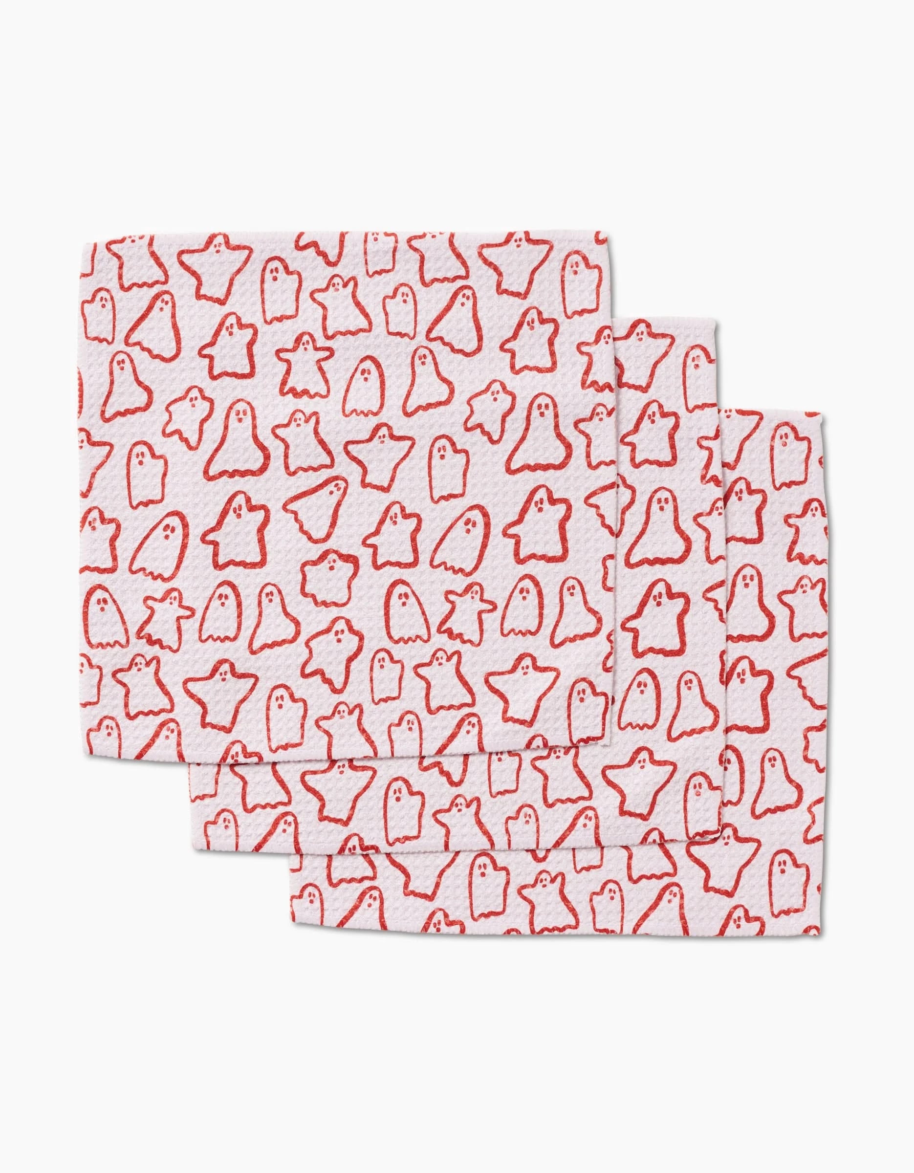 Three white Cute Ghosts dishcloths by Kayla Ann, made from recycled materials and decorated with simple red ghost patterns, are arranged overlapping each other on a plain white background.