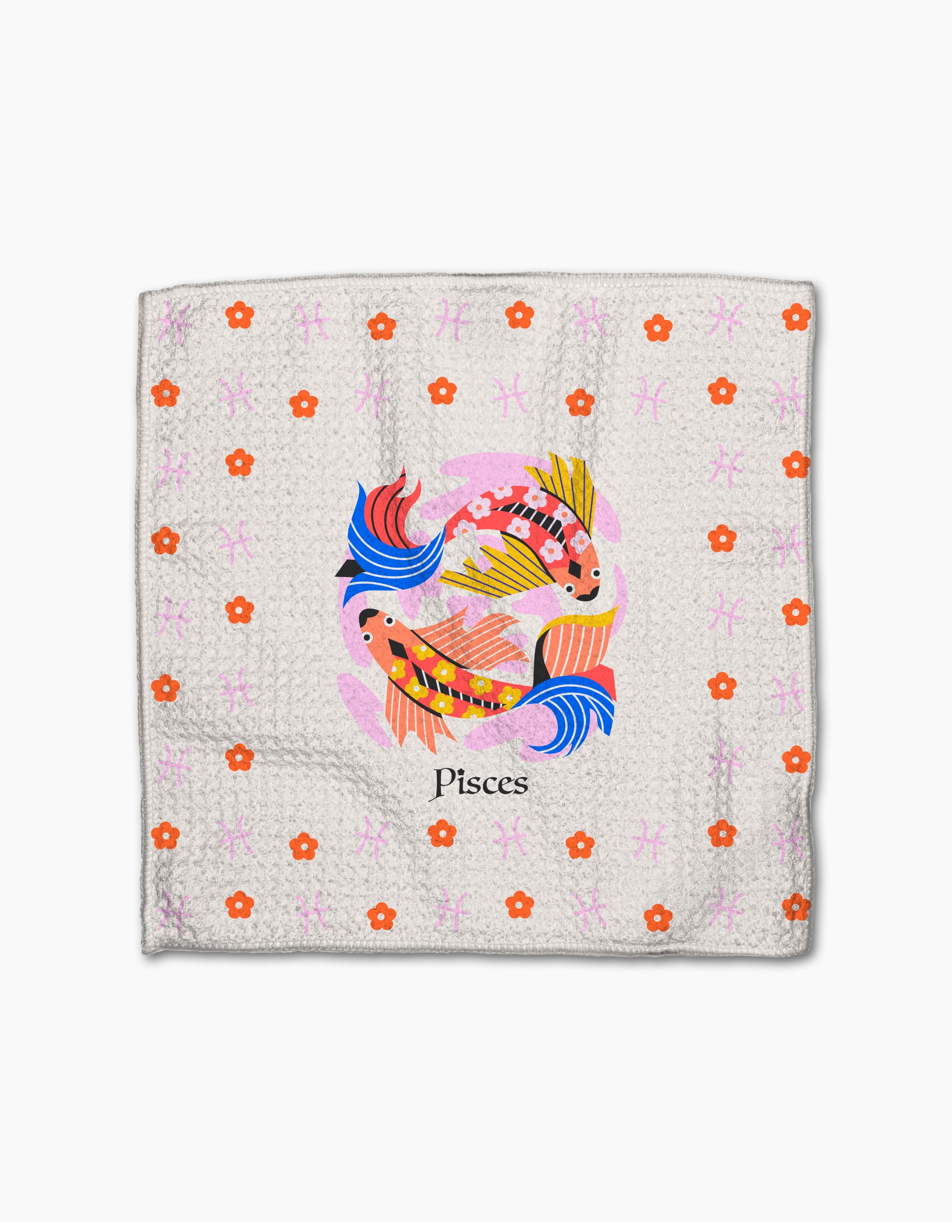 The Dreamy Pisces dishcloth by Heather Zhou is a white, textured, absorbent cloth featuring two colorful koi fish swimming in a circle with orange flowers, pink Pisces zodiac symbols, and "Pisces" written below.