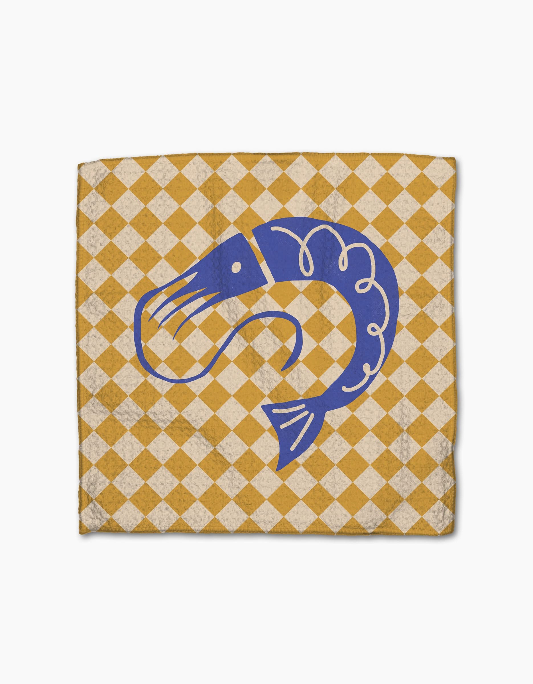The Geometry El Mar Dos napkin features a yellow and white checkered design, a blue shrimp illustration at the center, and is made from super-absorbent Geoweave fabric.