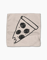 The Eternal Slice by Cole Strem is a beige textured napkin made from recycled materials, featuring a minimalist black line drawing of a pizza slice with three pepperoni and a bite taken from the tip.