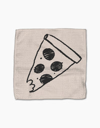 The Eternal Slice by Cole Strem is a beige textured napkin made from recycled materials, featuring a minimalist black line drawing of a pizza slice with three pepperoni and a bite taken from the tip.