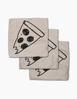 Three beige Eternal Slice napkins by Cole Strem, made from recycled materials, each with a black line drawing of a bitten pepperoni pizza slice, are stacked in a staggered arrangement on a white background.