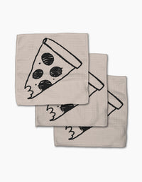Three beige Eternal Slice napkins by Cole Strem, made from recycled materials, each with a black line drawing of a bitten pepperoni pizza slice, are stacked in a staggered arrangement on a white background.