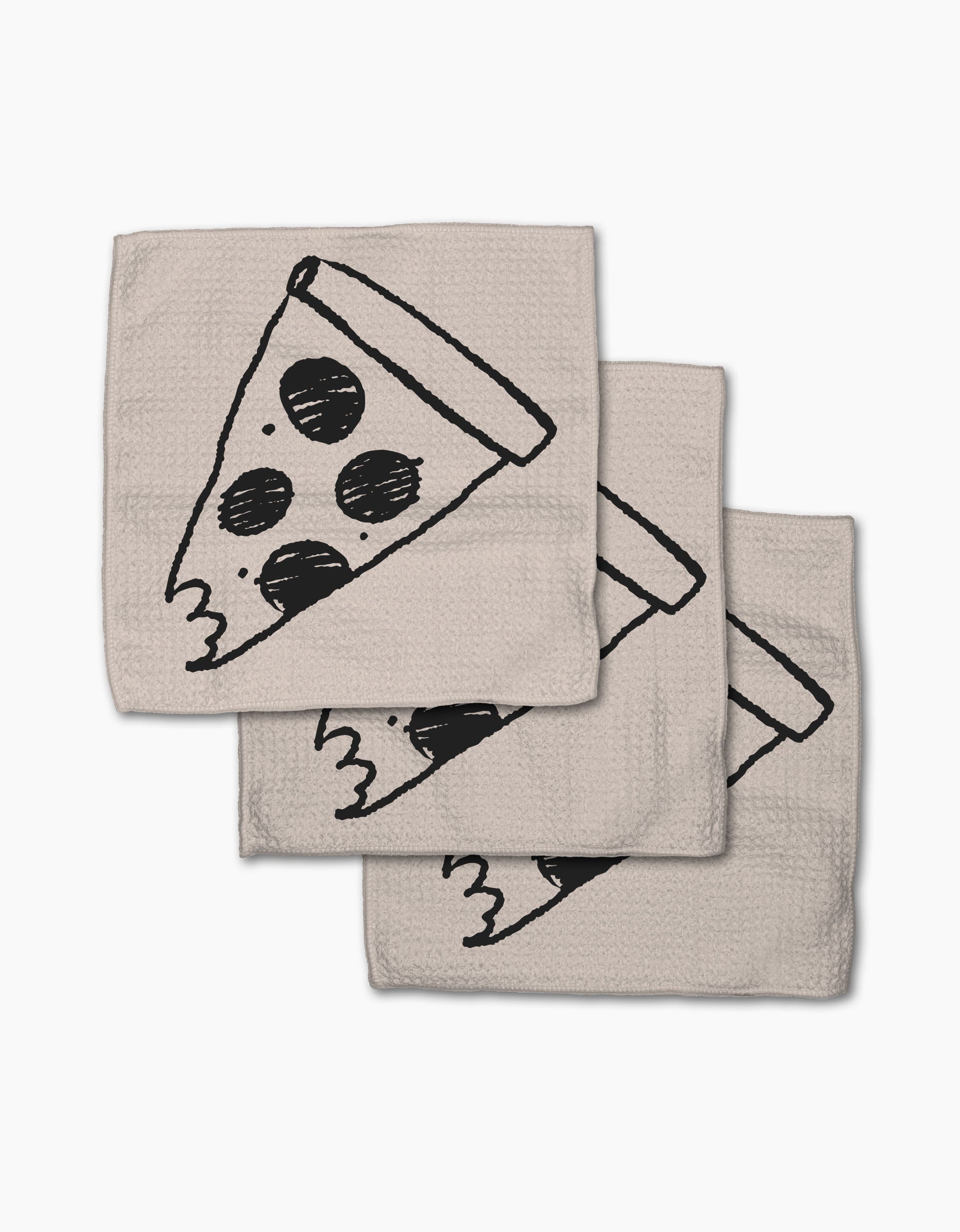 Three beige Eternal Slice napkins by Cole Strem, made from recycled materials, each with a black line drawing of a bitten pepperoni pizza slice, are stacked in a staggered arrangement on a white background.