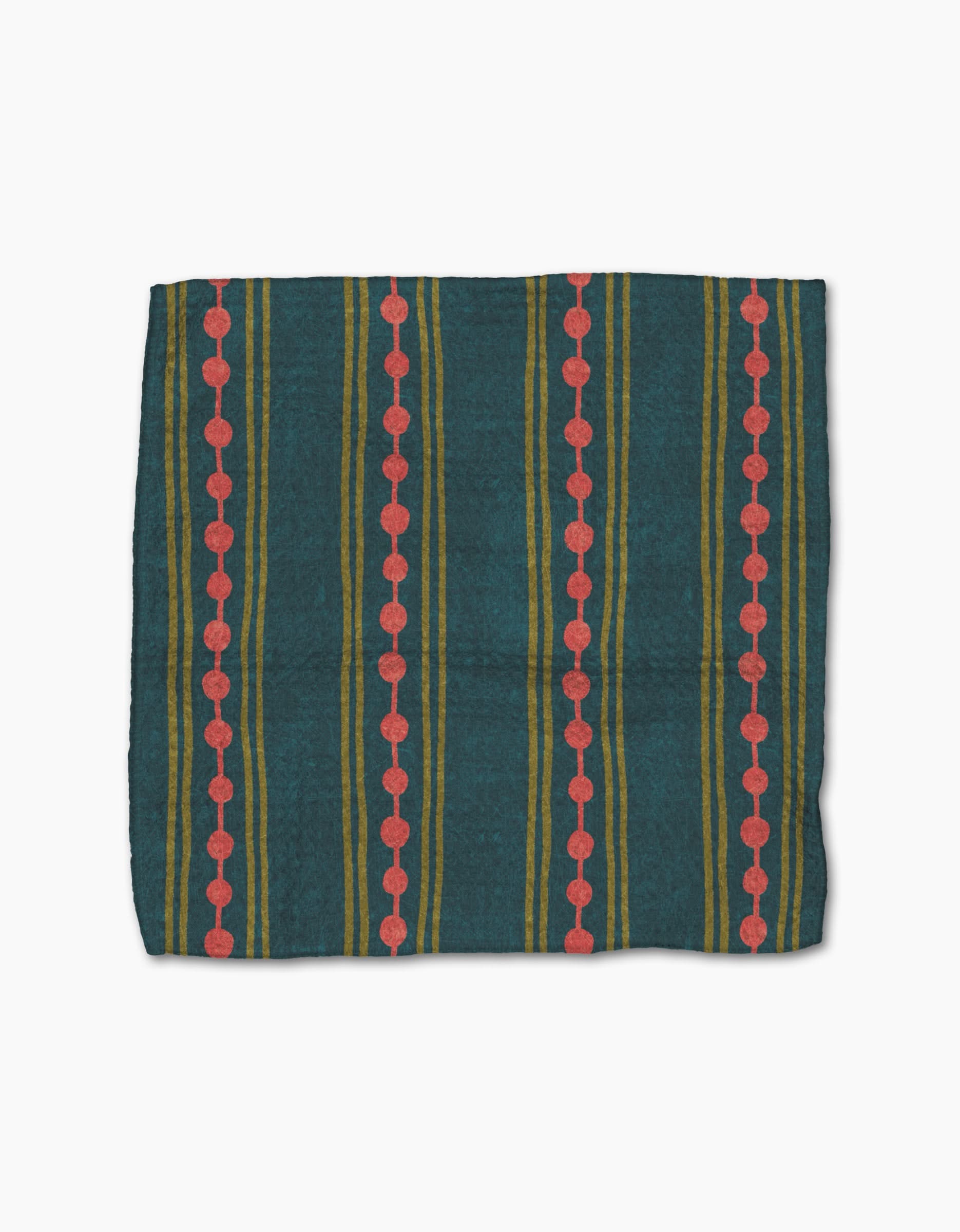 The Evervale by Amy MacCready is a square dishcloth made from recycled materials, featuring a teal background with vertical yellow-green stripes and pink circles in evenly spaced columns.
